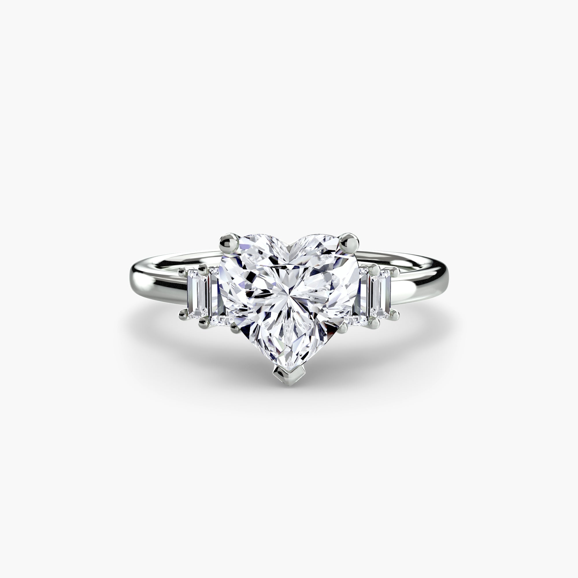 Jacob Mercari 14K White Gold Lab Grown Diamond Engagement Ring: Heart Cut Centre Diamond with baguette side diamonds.