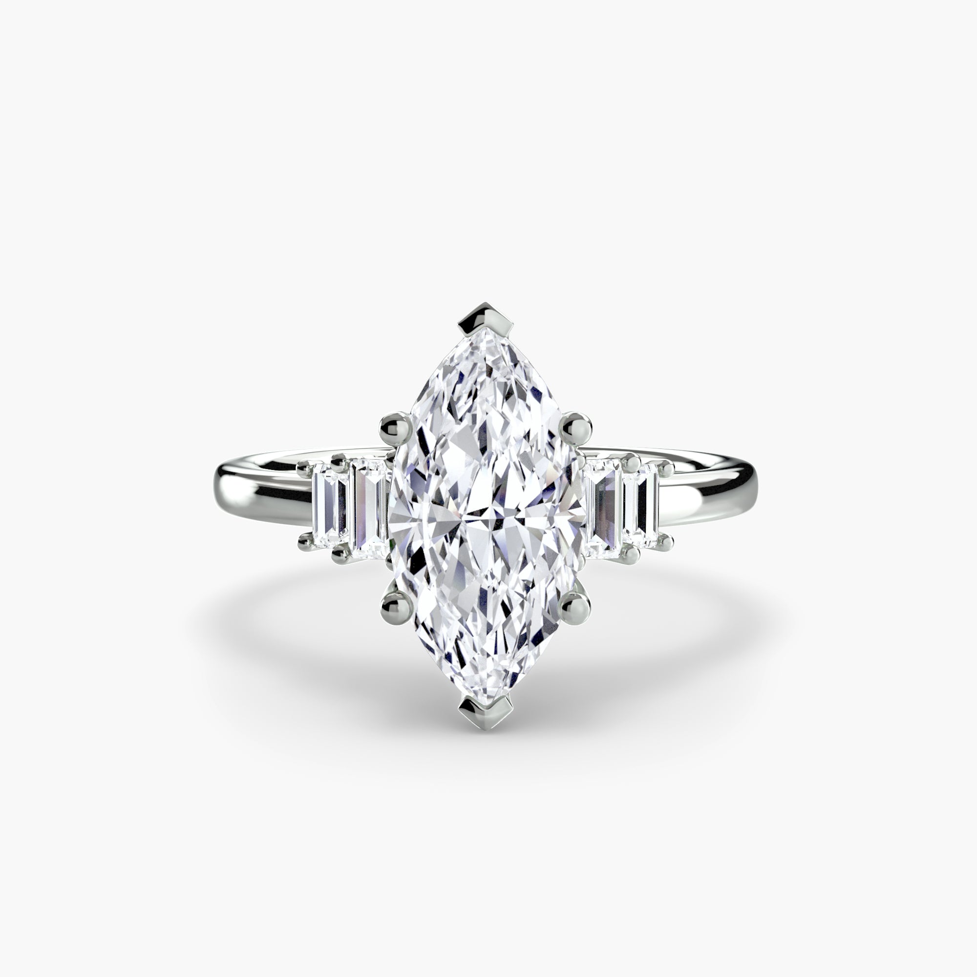 Jacob Mercari 14K White Gold Lab Grown Diamond Engagement Ring: Marquise Cut Centre Diamond with baguette side diamonds.