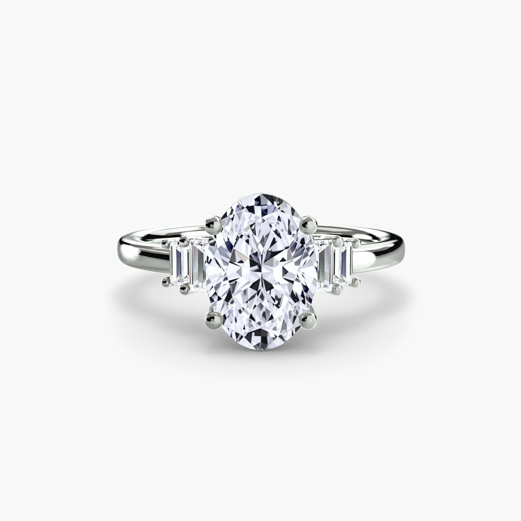 Jacob Mercari 14K White Gold Lab Grown Diamond Engagement Ring: Oval Cut Centre Diamond with baguette side diamonds.