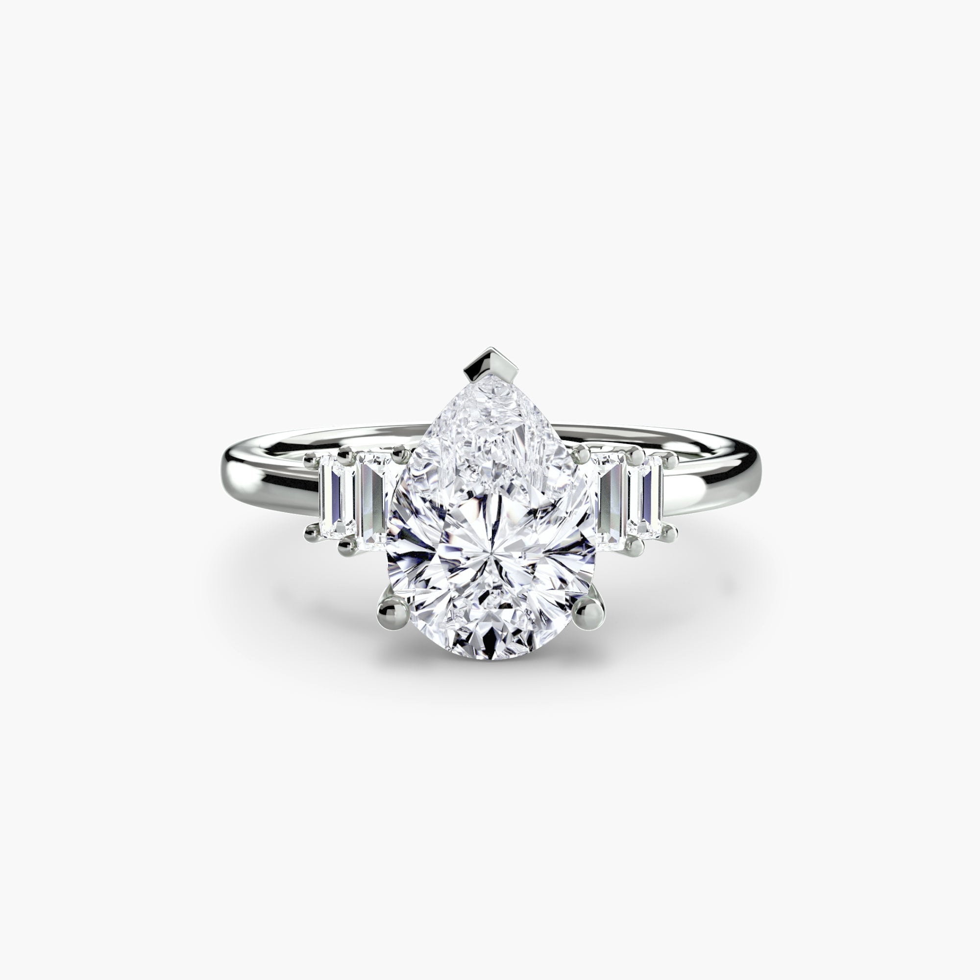 Jacob Mercari 14K White Gold Lab Grown Diamond Engagement Ring: Pear Cut Centre Diamond with baguette side diamonds.