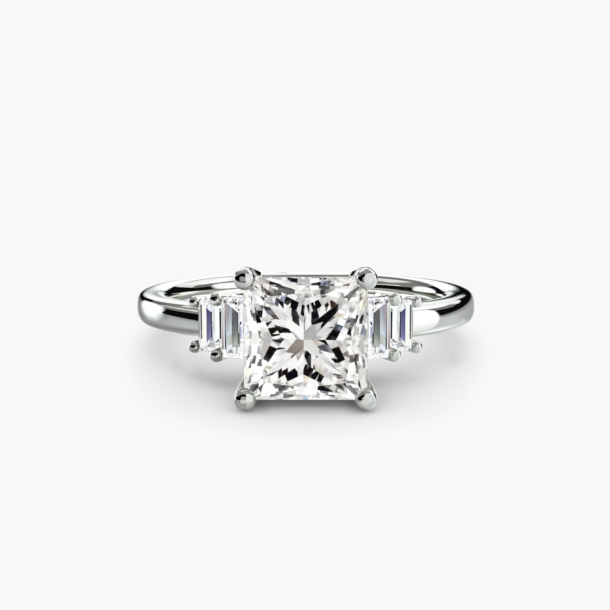 Jacob Mercari 14K White Gold Lab Grown Diamond Engagement Ring: Princess Cut Centre Diamond with baguette side diamonds.