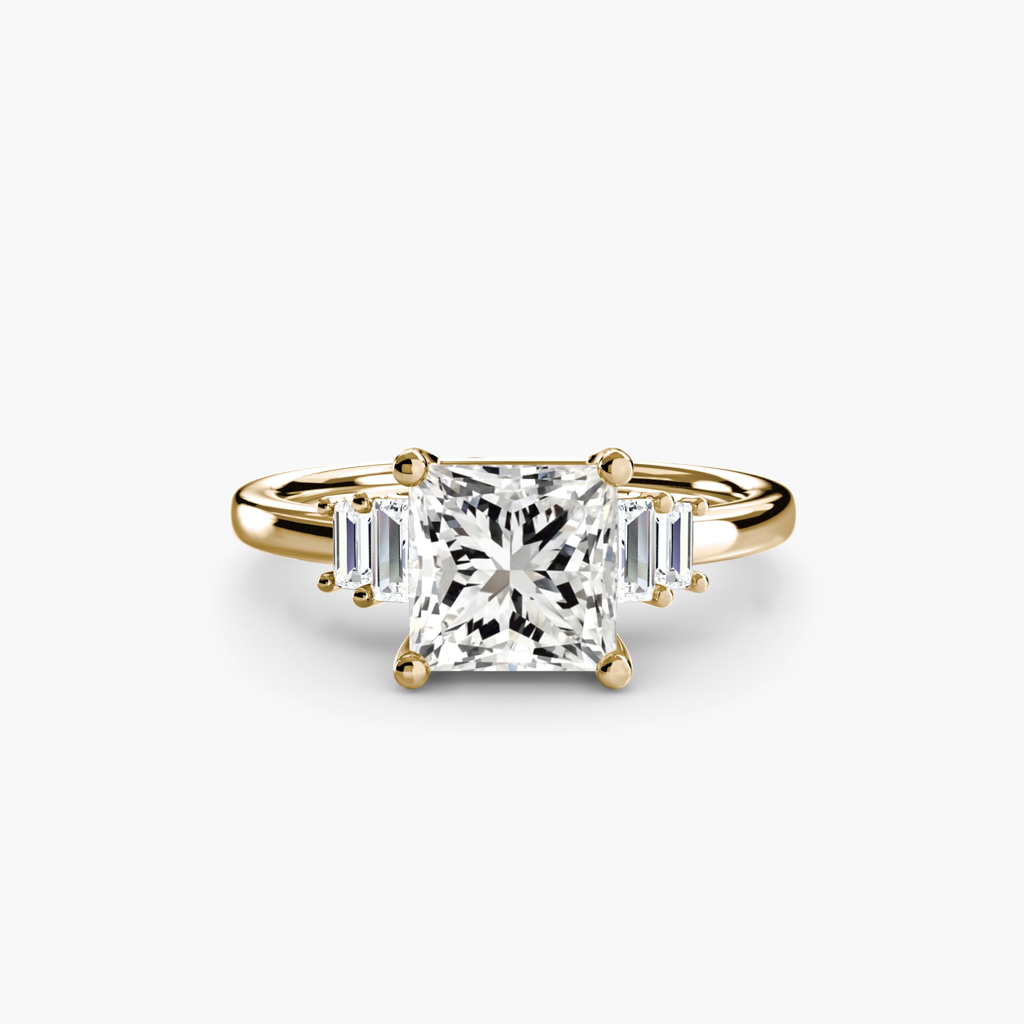 Jacob Mercari 14K Yellow Gold Lab Grown Diamond Engagement Ring: Princess Cut Centre Diamond with baguette side diamonds.