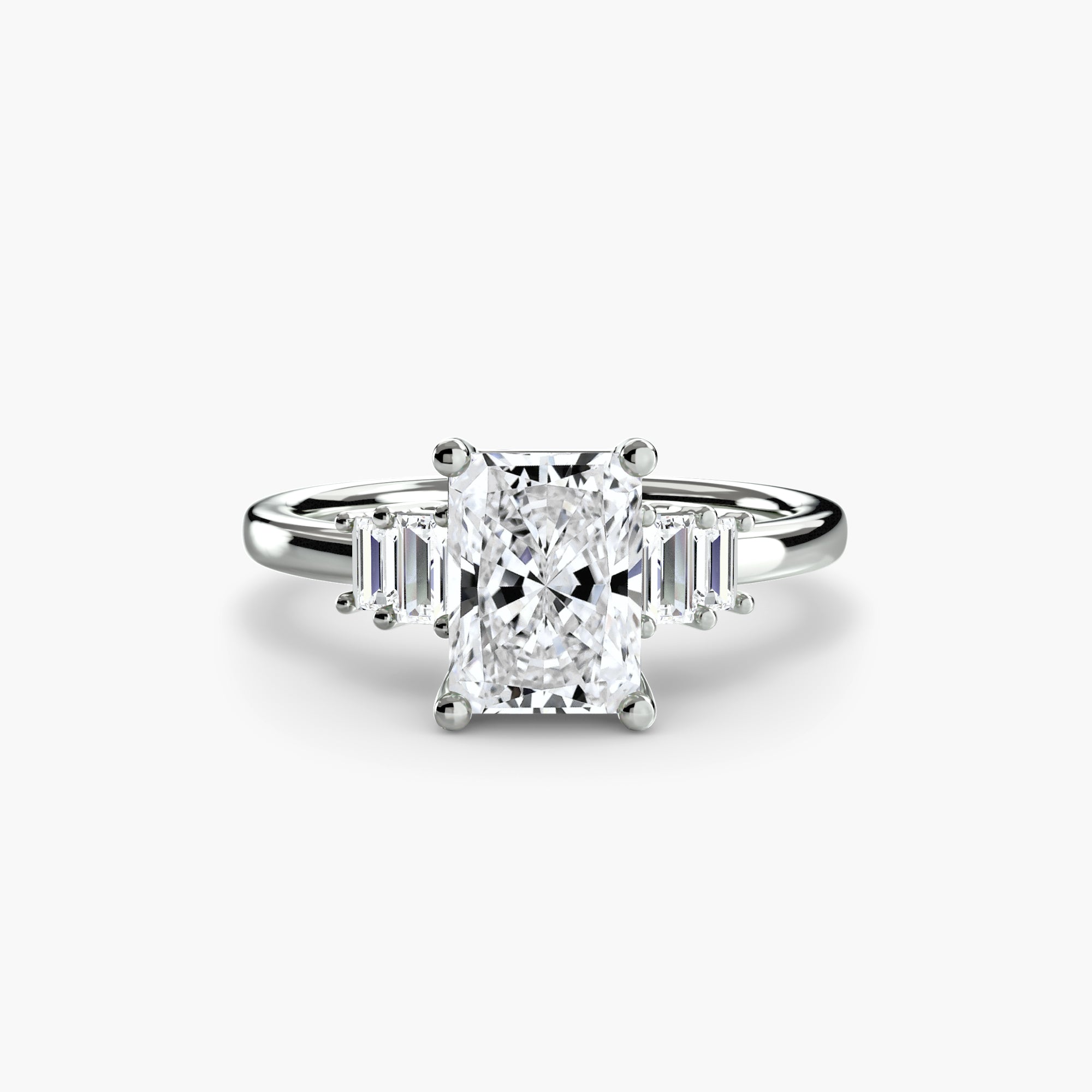 Jacob Mercari 14K White Gold Lab Grown Diamond Engagement Ring: Radiant Cut Centre Diamond with baguette side diamonds.