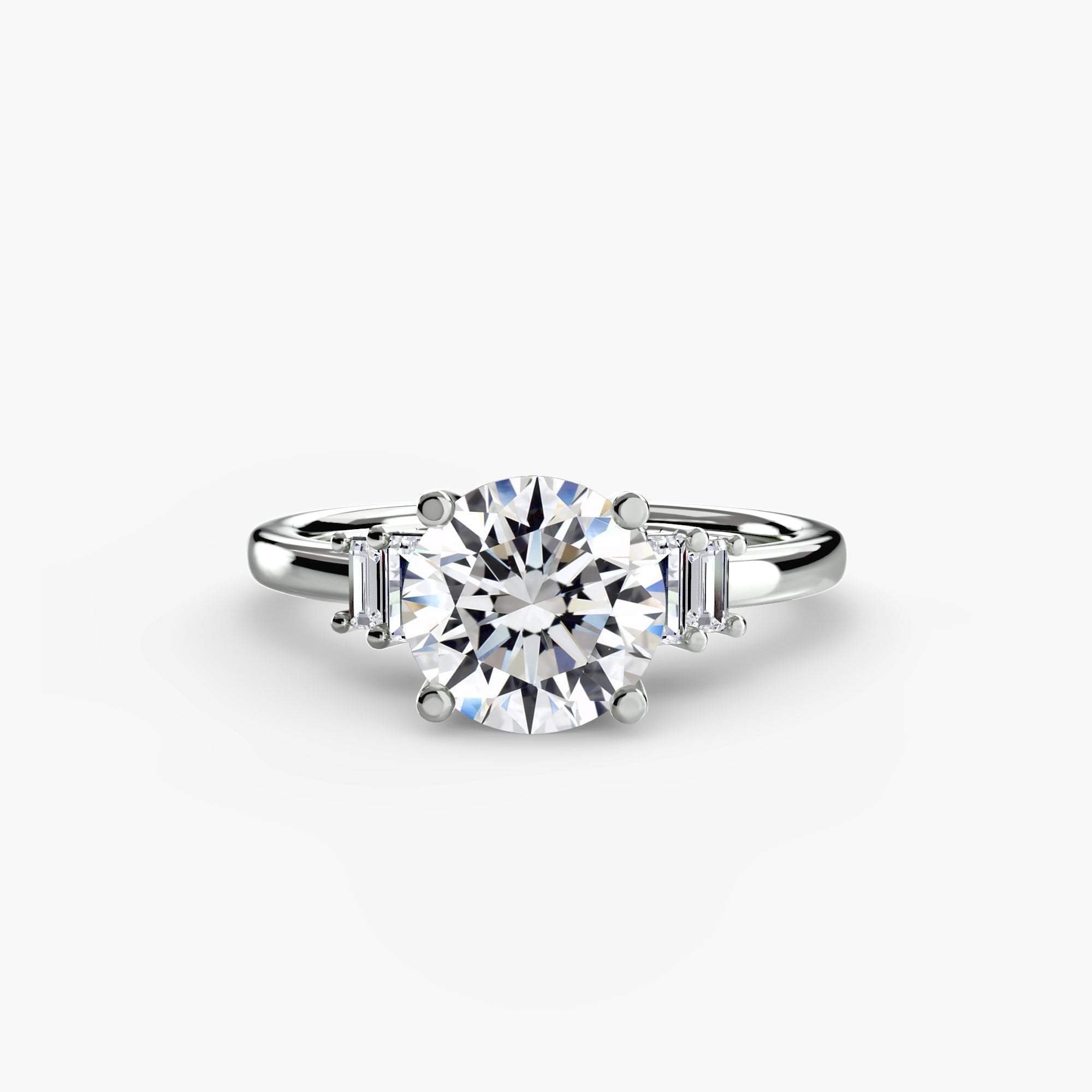 Jacob Mercari 14K White Gold Lab Grown Diamond Engagement Ring: Round Cut Centre Diamond with baguette side diamonds.