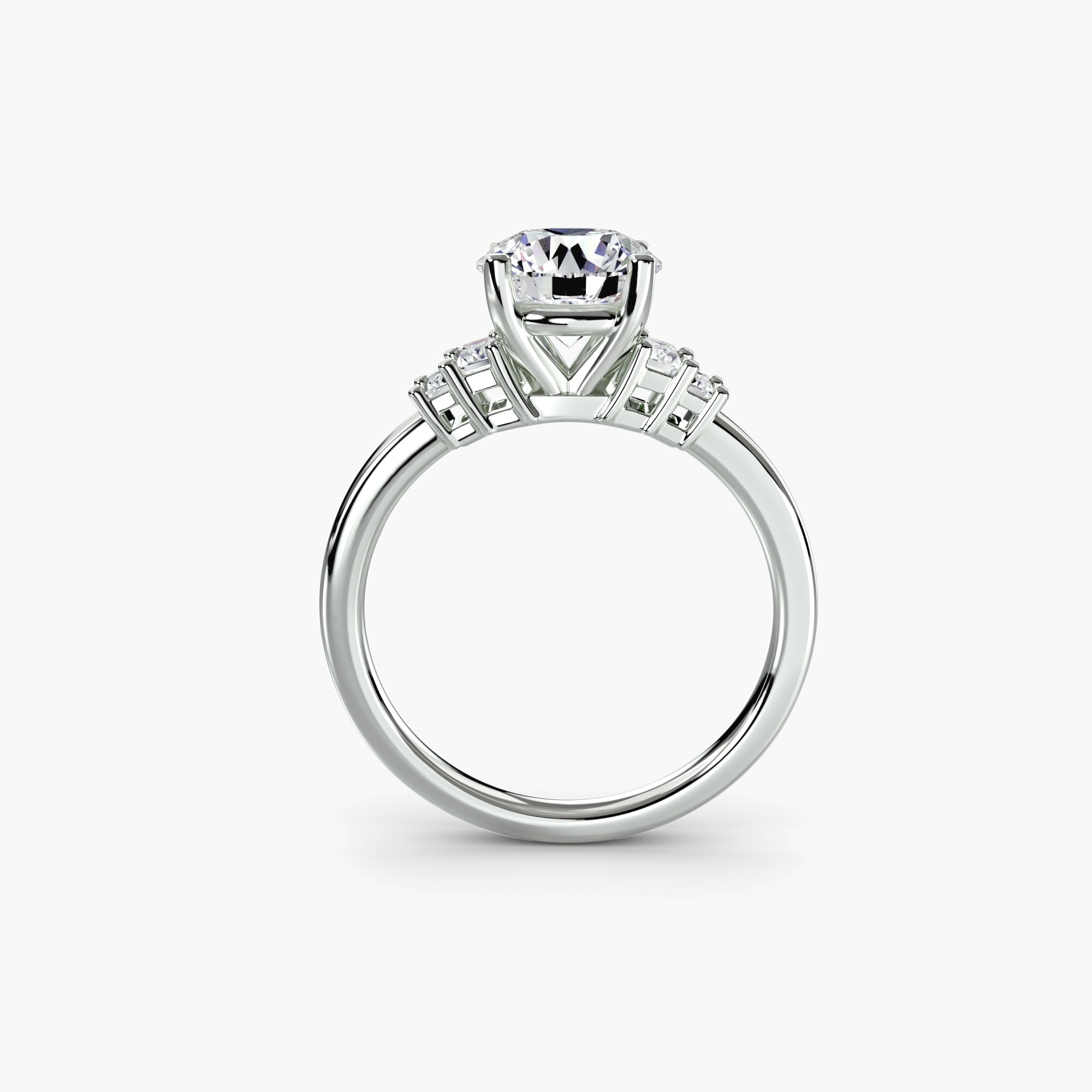 Jacob Mercari 14K White Gold Lab Grown Diamond Engagement Ring: Round Cut Centre Diamond with baguette side diamonds.