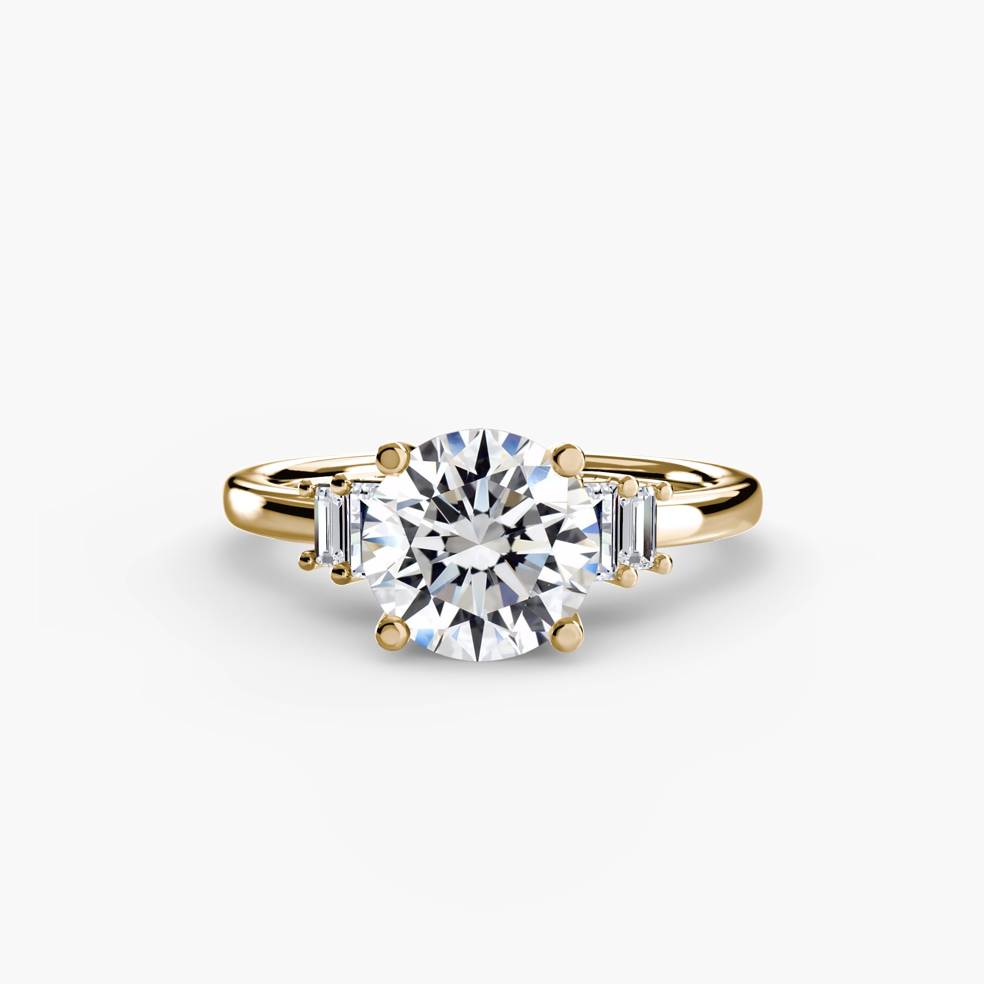 Jacob Mercari 14K Yellow Gold Lab Grown Diamond Engagement Ring: Round Cut Centre Diamond with baguette side diamonds.