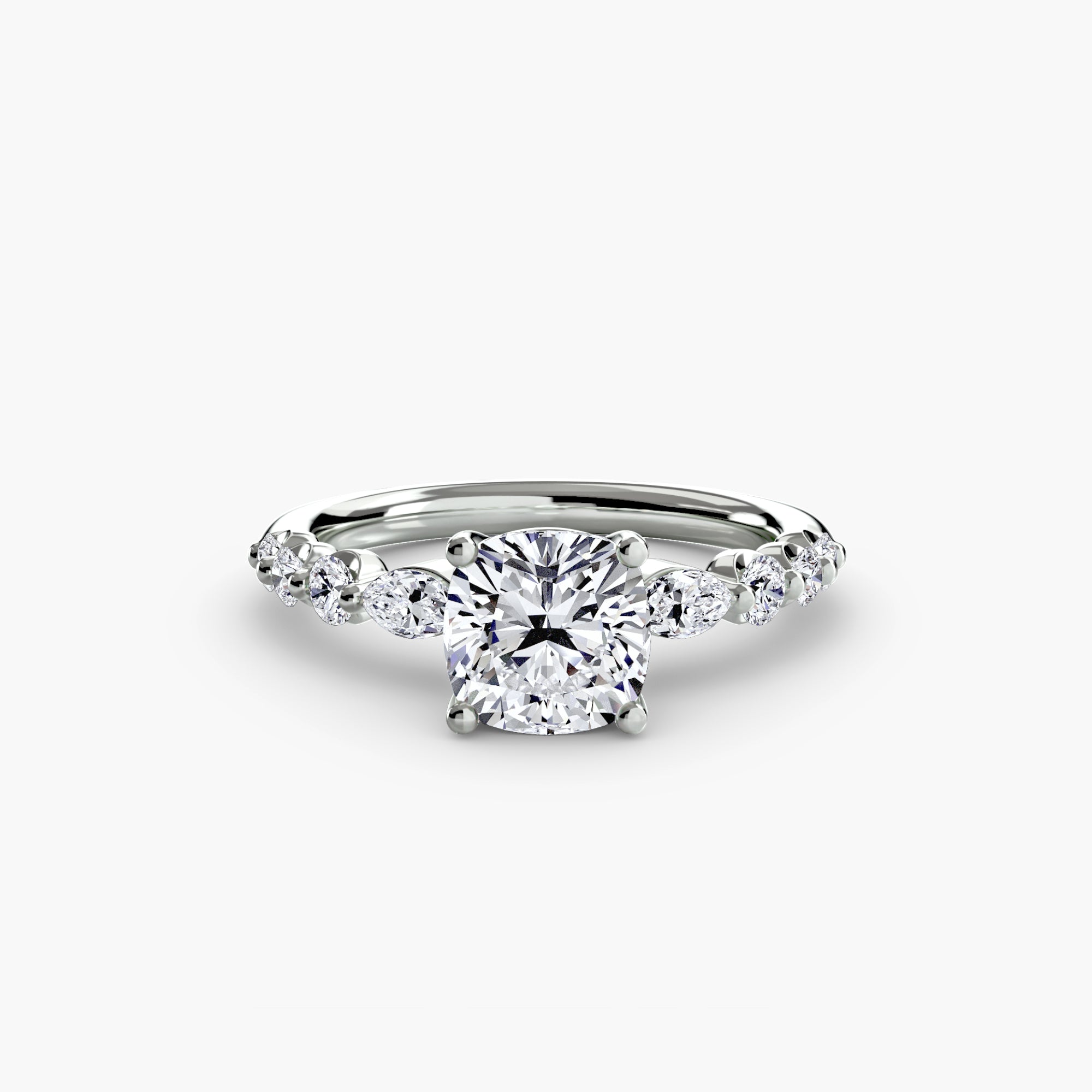 Jacob Mercari 14K White Gold Lab Grown Diamond Engagement Ring: cushion Centre Diamond with Tiered Accent Diamonds.