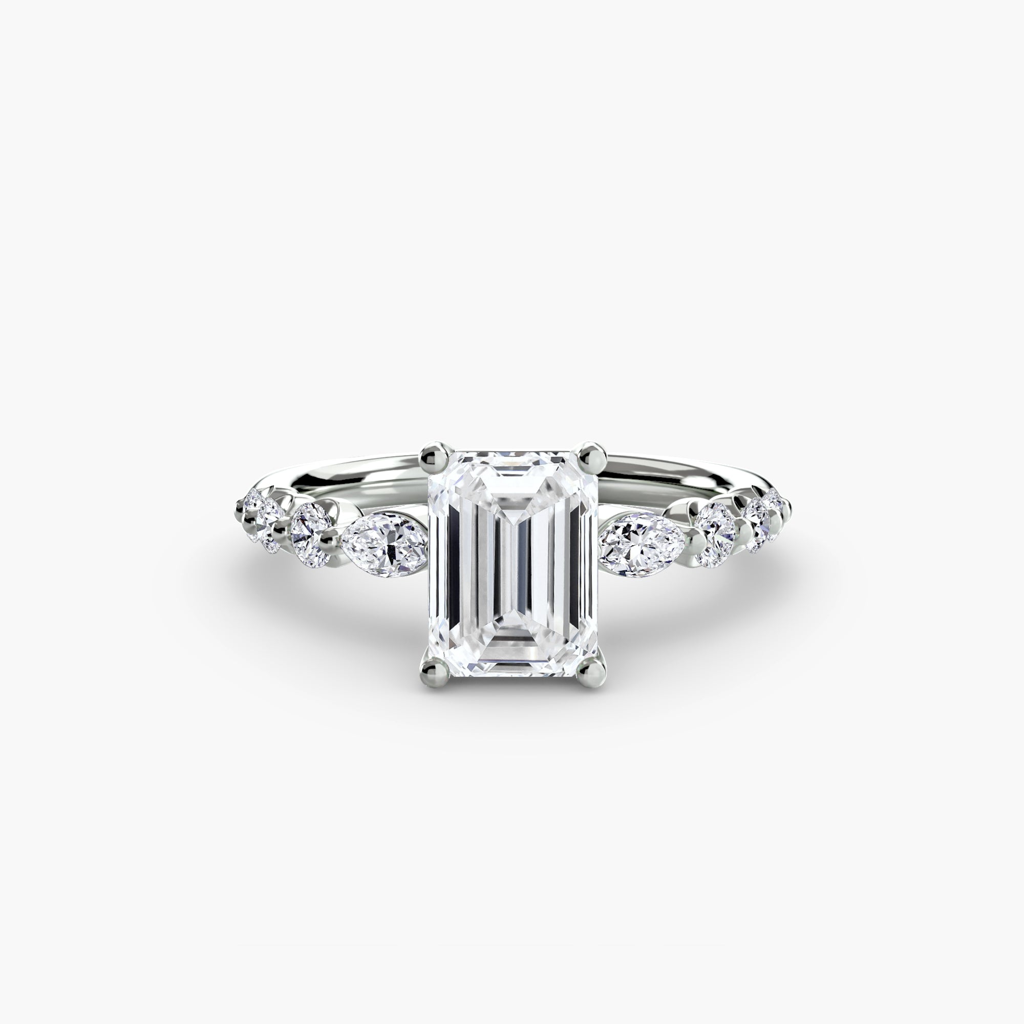 Jacob Mercari 14K White Gold Lab Grown Diamond Engagement Ring: Emerald Centre Diamond with Tiered Accent Diamonds.
