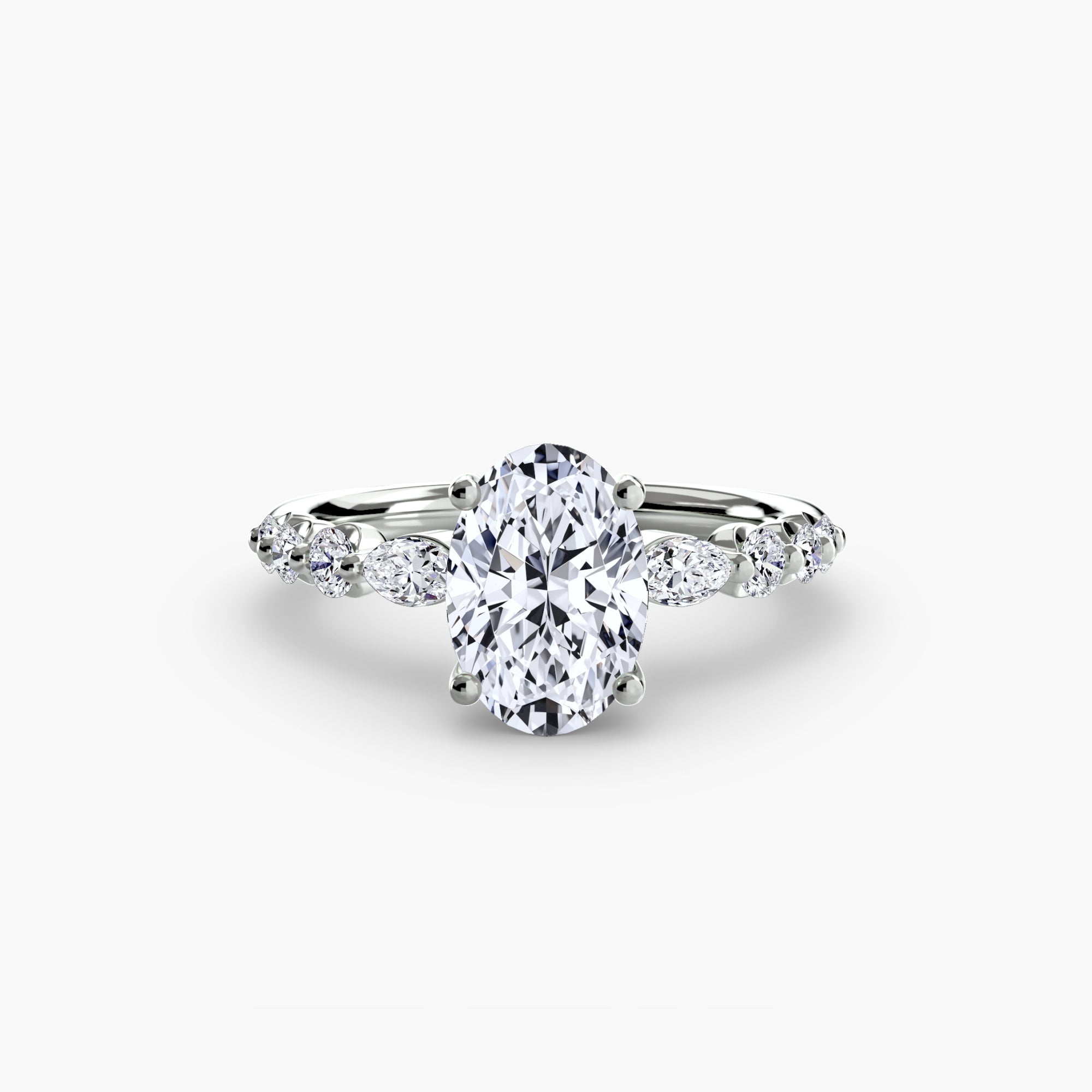 Jacob Mercari 14K White Gold Lab Grown Diamond Engagement Ring: Oval Centre Diamond with Tiered Accent Diamonds.