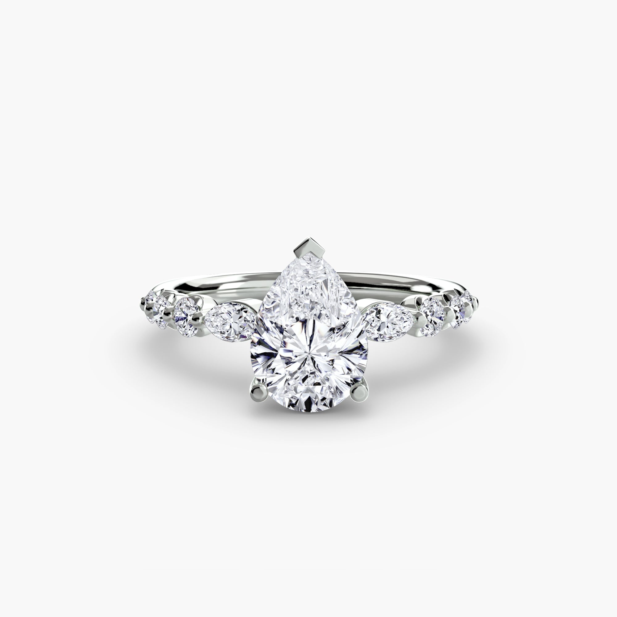 Jacob Mercari 14K White Gold Lab Grown Diamond Engagement Ring: Pear Centre Diamond with Tiered Accent Diamonds.