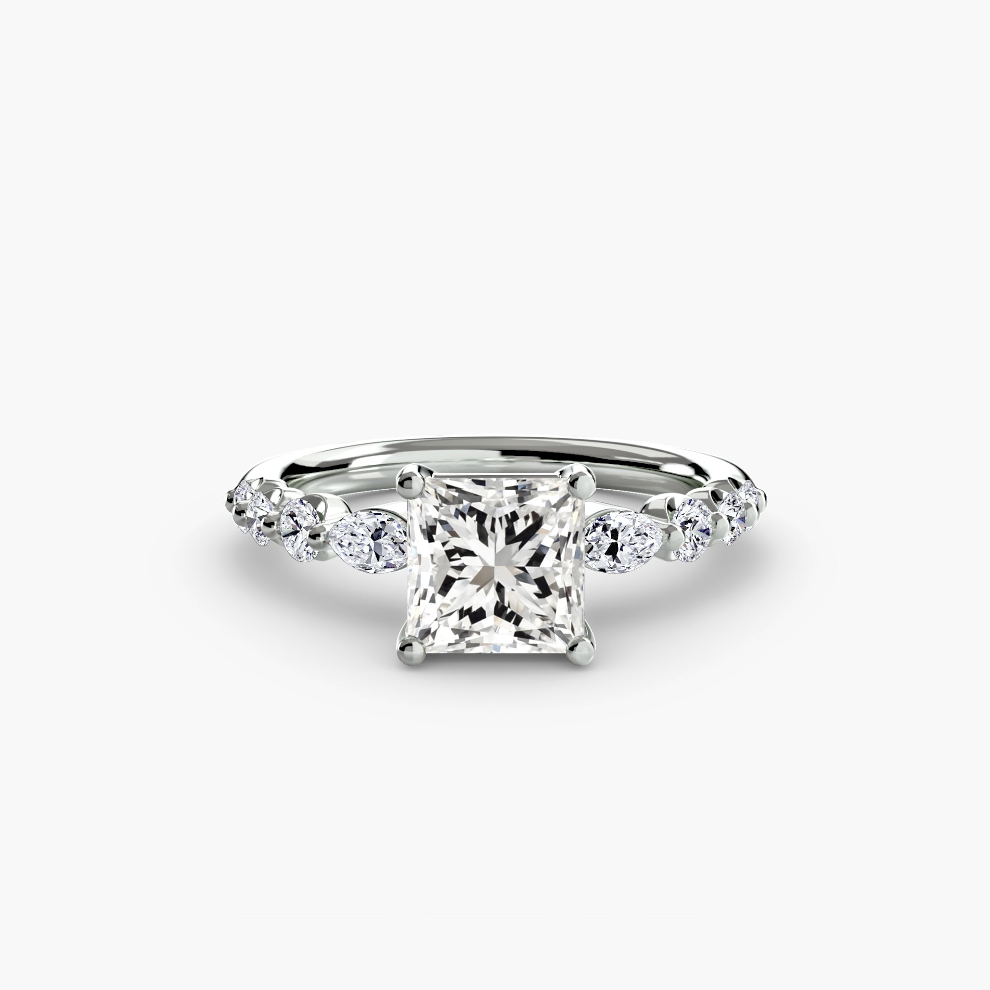 Jacob Mercari 14K White Gold Lab Grown Diamond Engagement Ring: Princess Centre Diamond with Tiered Accent Diamonds.