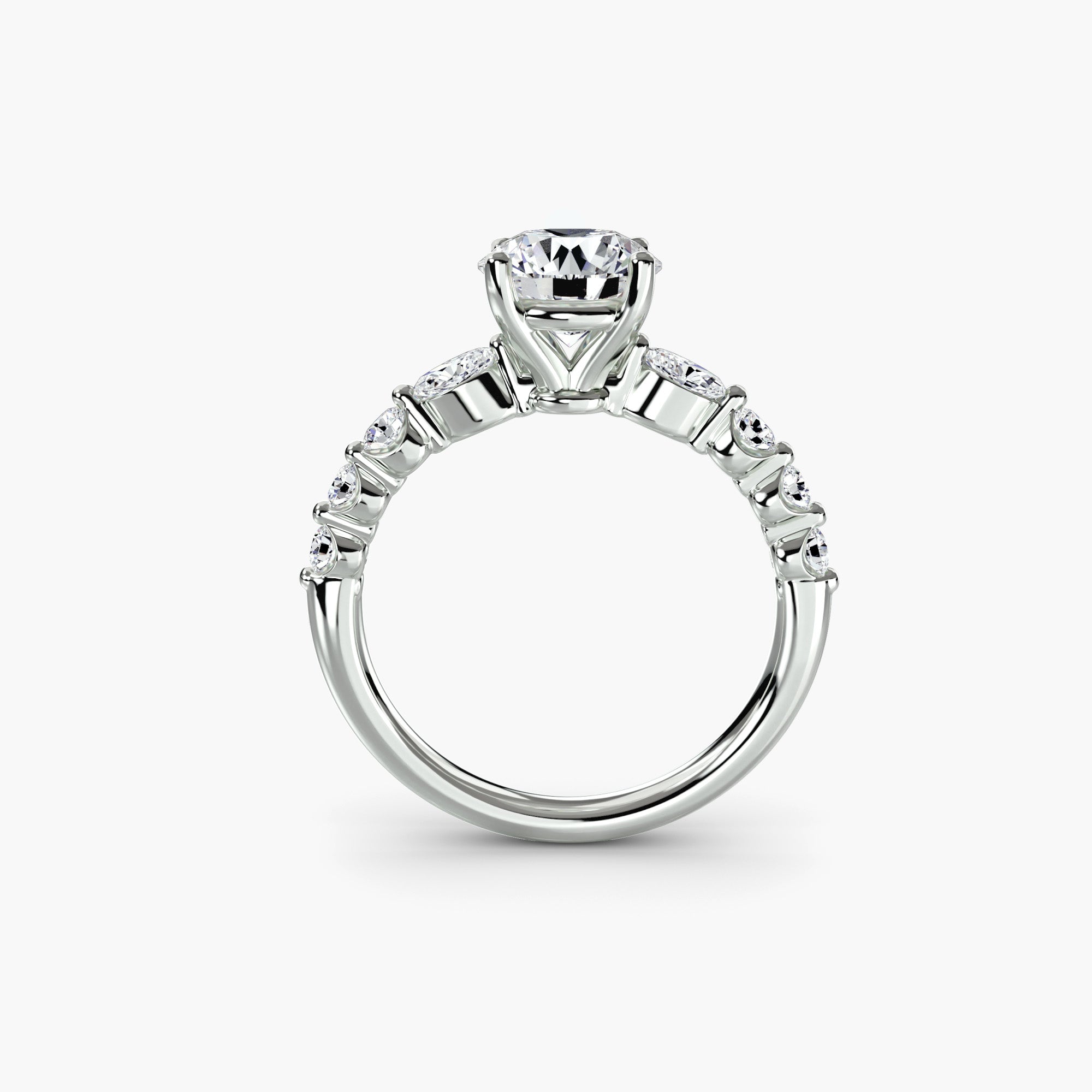 Jacob Mercari 14K White Gold Lab Grown Diamond Engagement Ring: Round Centre Diamond with Tiered Accent Diamonds.