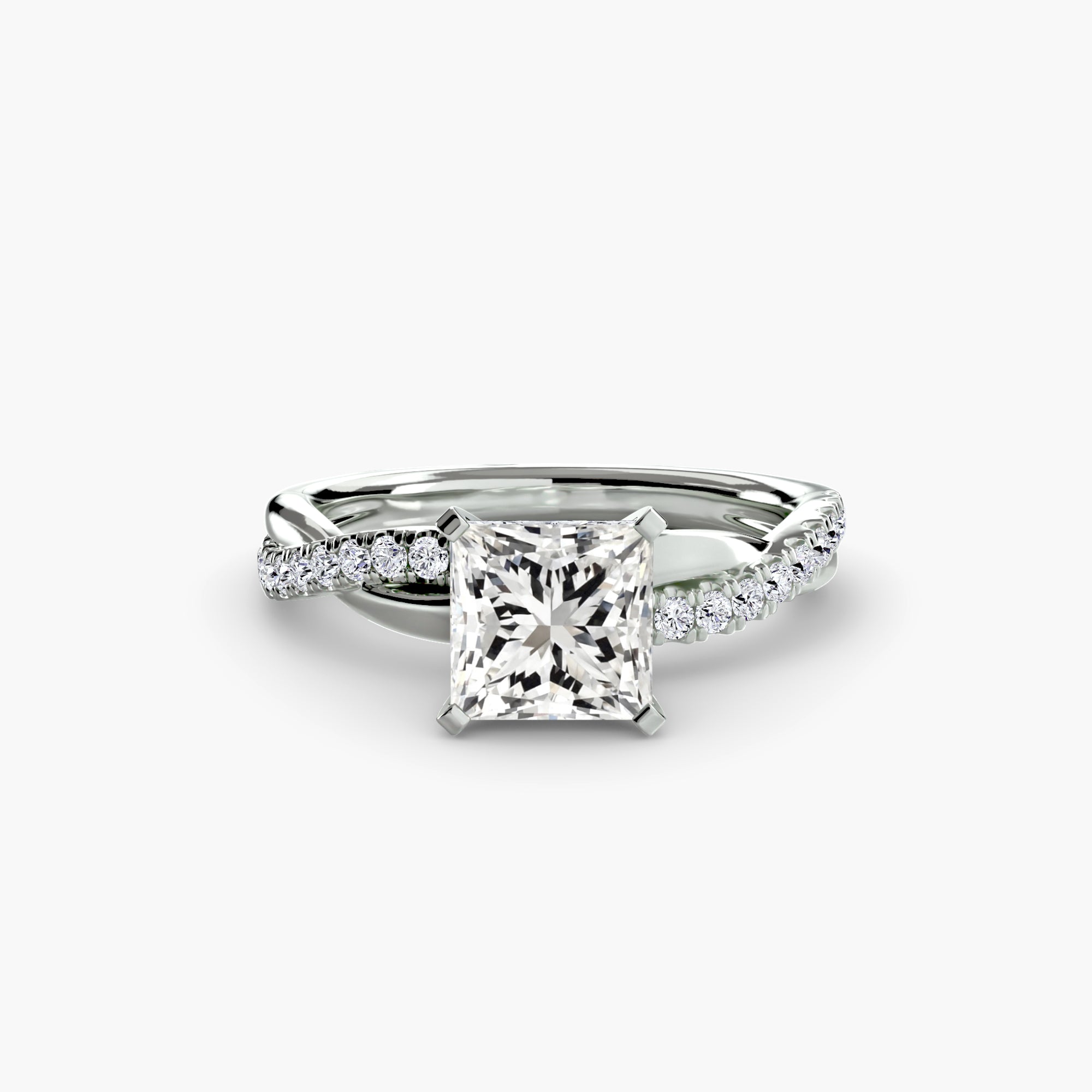 Jacob Mercari 14K white gold twisted pavé diamond engagement ring with princess brilliant center stone.