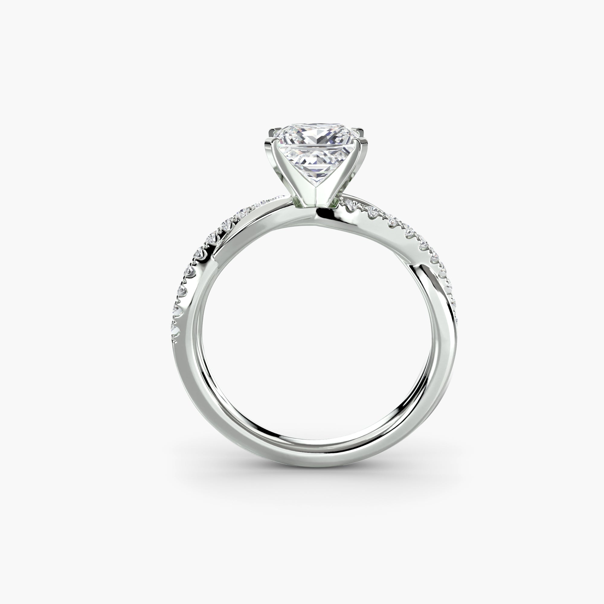Jacob Mercari 14K white gold twisted pavé diamond engagement ring with round brilliant center stone.