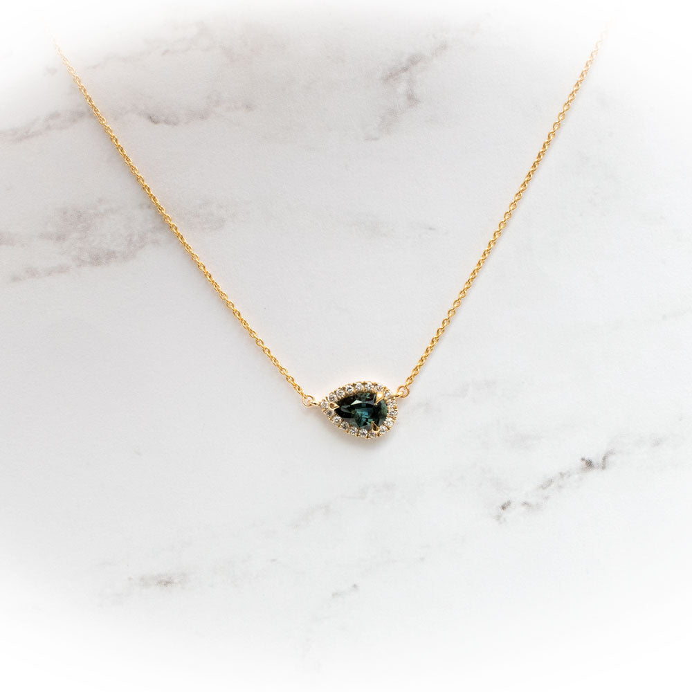 Jacob Mercari Teal Sapphire 0.79ct Pendant with Lab-Grown Diamond Halo in 14K Yellow gold