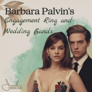 Barbara Palvin's engagement ring and wedding bands featured in a stylish promotional image.