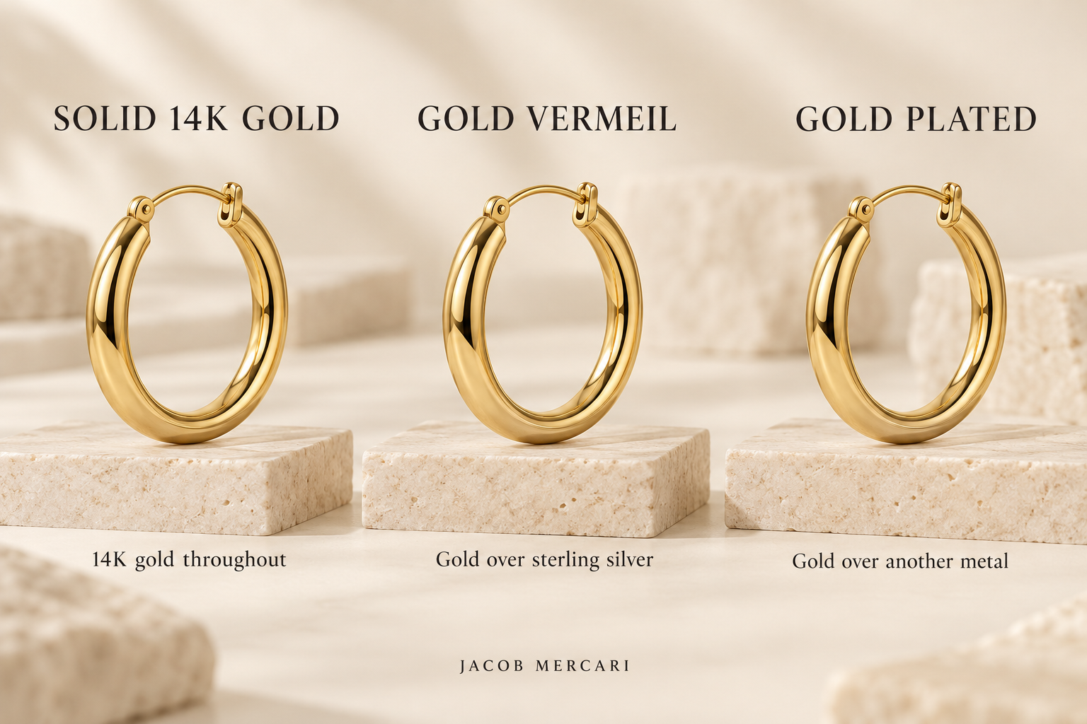 Solid 14K gold, gold vermeil and gold-plated hoop earrings illustrating their different metal compositions — Jacob Mercari.
