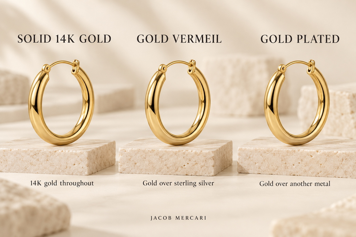 Solid 14K gold, gold vermeil and gold-plated hoop earrings illustrating their different metal compositions — Jacob Mercari.