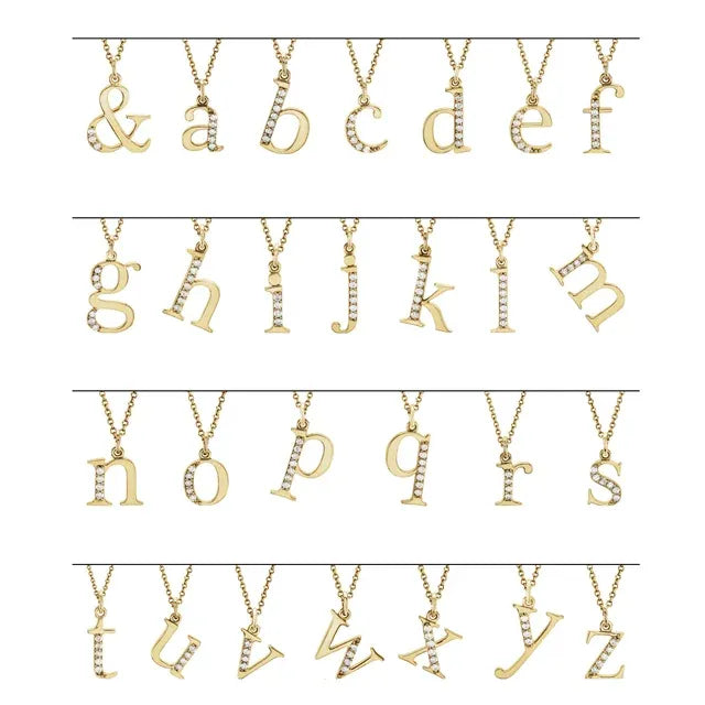 Gold necklaces with letters from A to Z on a white background