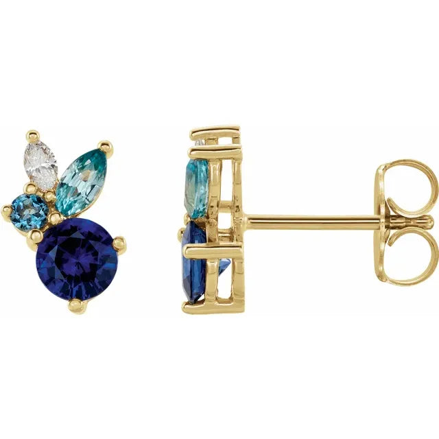 Jacob Mercari 14K Yellow Gold Blue Sapphire, Aquamarine, Blue Zircon & Diamond Earrings