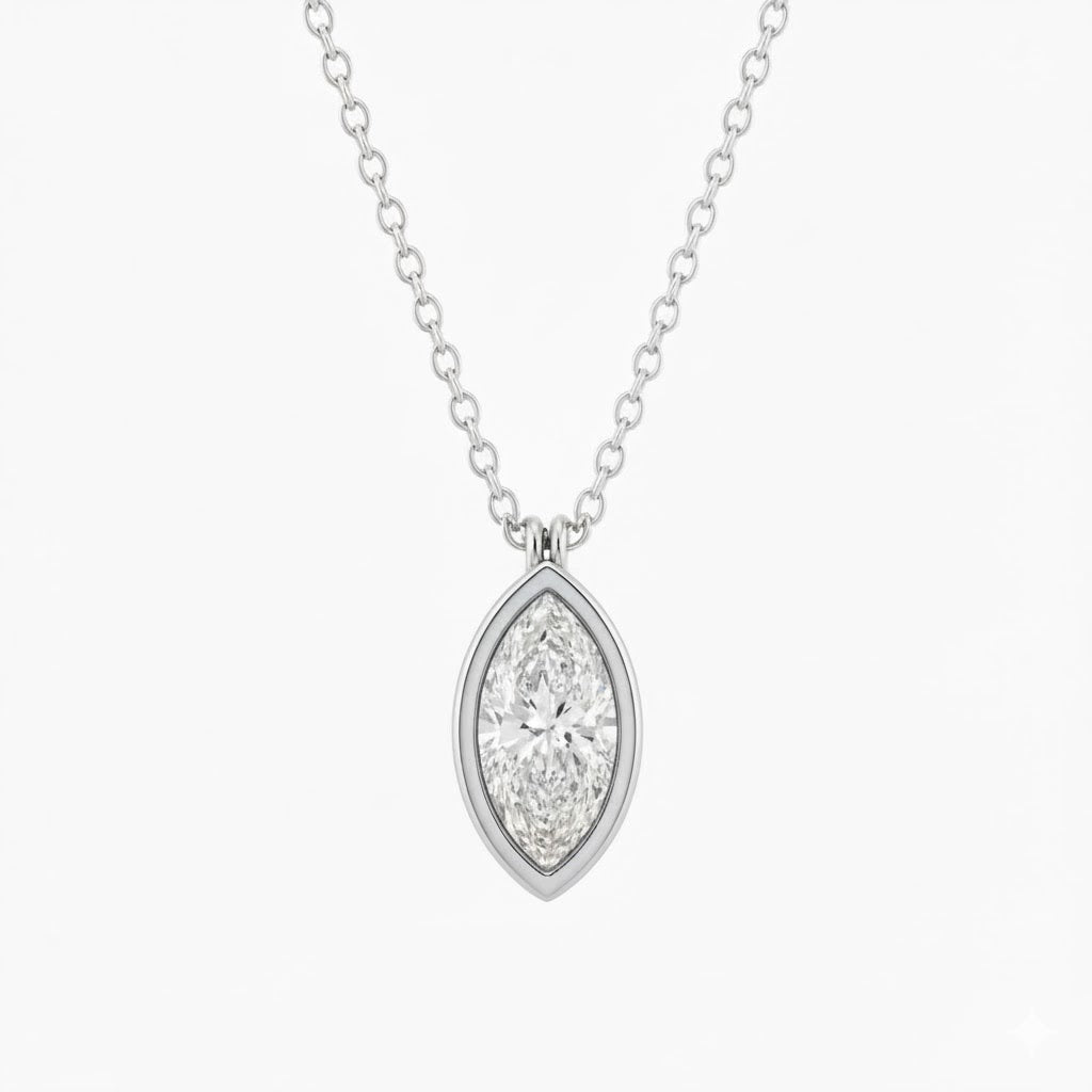 Jacob Mercari 14K White Gold Marquise Lab-Grown Diamond Bezel Solitaire Necklace