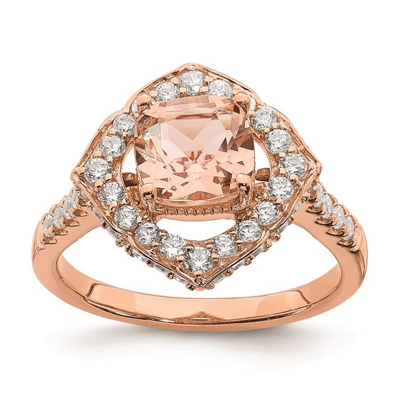 Jacob Mercari Vintage Style 14k Rose Gold Halo 7.00mm Cushion-cut Morganite and 3/4CT Diamond Engagement Ring