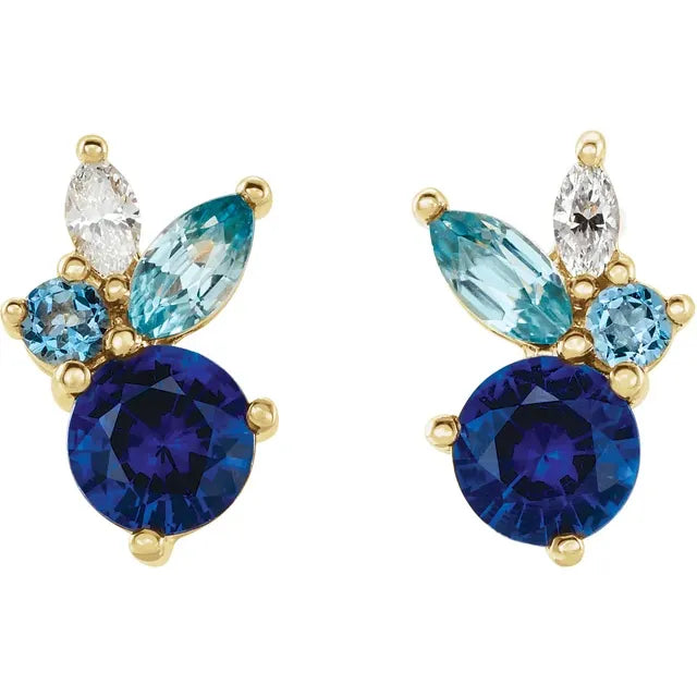 Jacob Mercari 14K Yellow Gold Blue Sapphire, Aquamarine, Blue Zircon & Diamond Earrings
