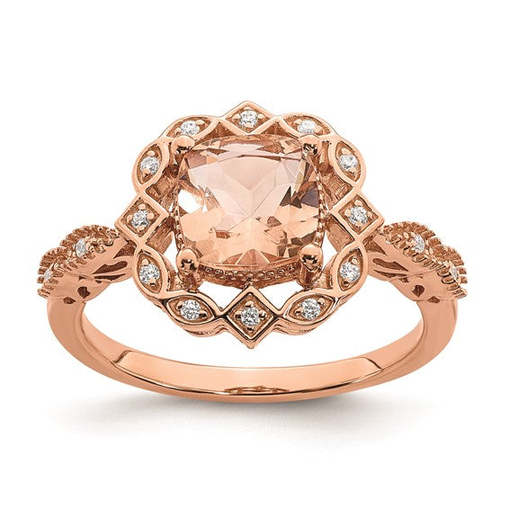 Jacob Mercari Vintage Style 14K Rose Gold Halo cushion-cut Morganite 1/15 CT Diamond Engagement Ring 