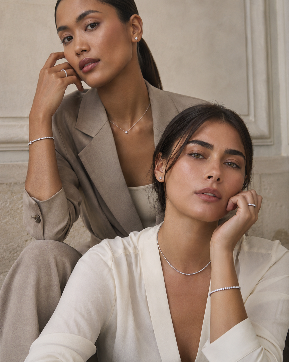 Models wearing jacob mercari lab-grown diamond jewellery