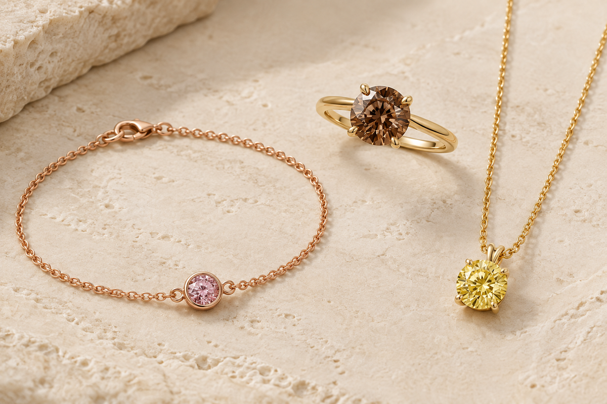 Jacob Mercari Rose Gold Bezel Set Pink Diamond Bracelet, Brown Diamond Round cut Ring in 14K Yellow Gold, Yellow Round Cut Diamond Pendant necklace in 14K Yellow Gold 