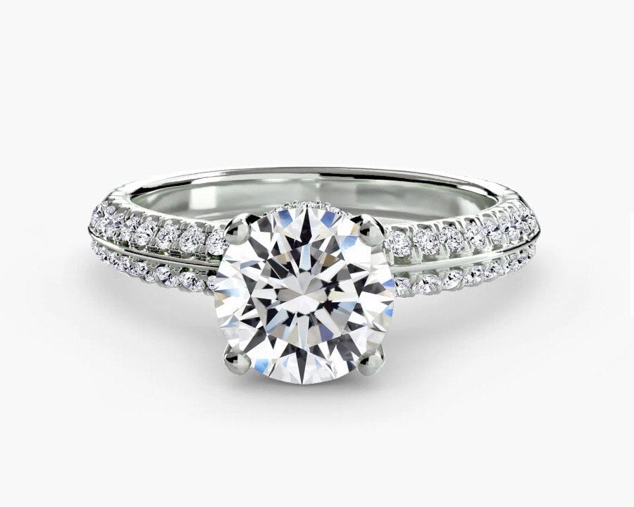 Velvet Pavé Solitaire Hidden Halo Engagement Ring Setting with Lab-Grown Diamond Band on 14K White Gold