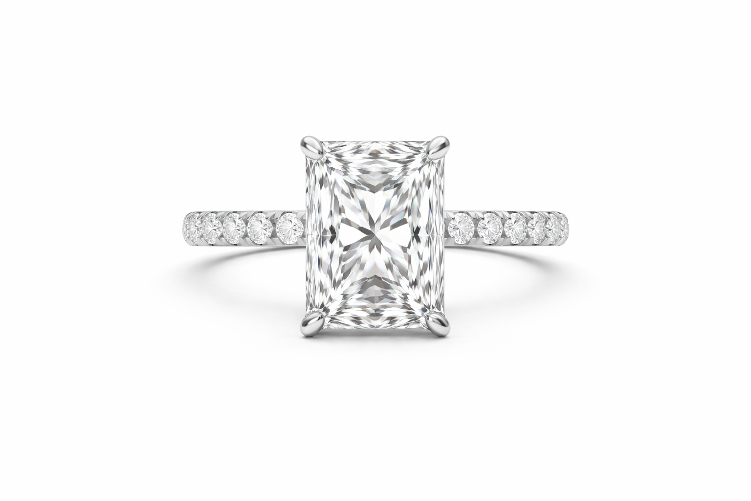 Jacob Mercari 14K White Gold Lab-Grown Diamond Engagement Ring: Radiant Cut diamond pavé band.