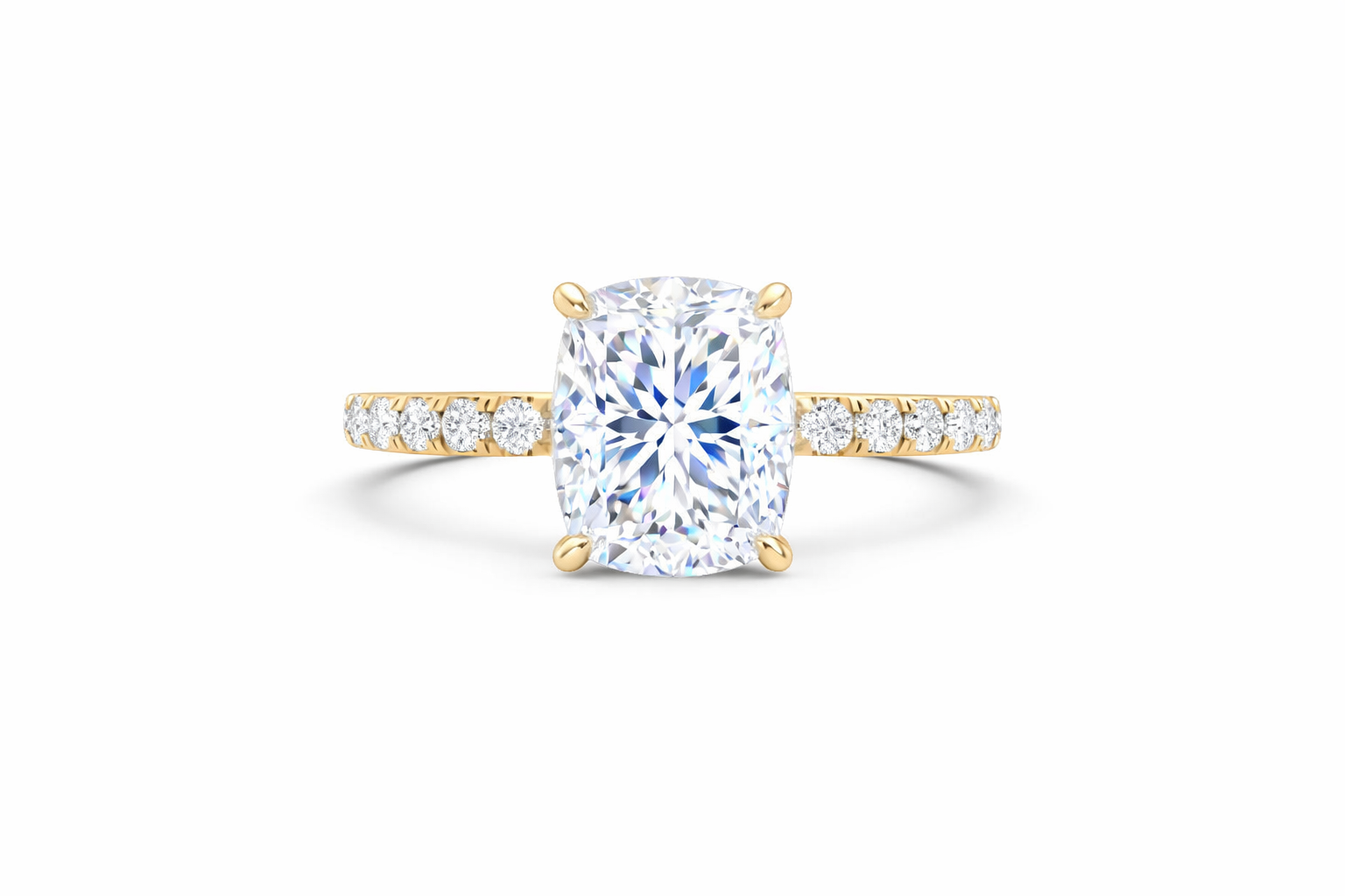 Jacob Mercari 14K Yellow Gold Lab-Grown Diamond Engagement Ring: Cushion Cut diamond pavé band.