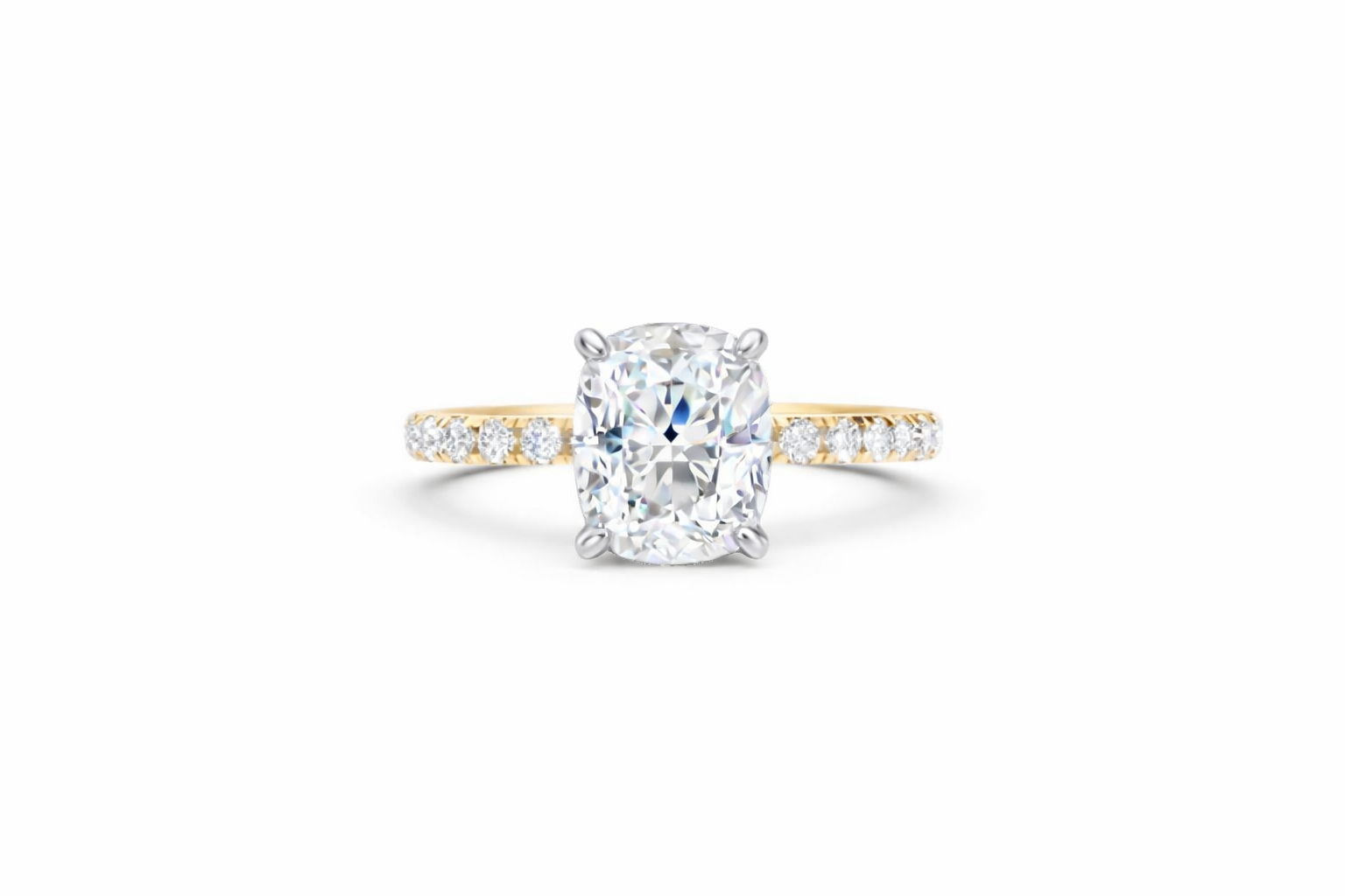 Jacob Mercari 14K White Gold Lab-Grown Diamond Engagement Ring: Cushion Cut diamond pavé band with 14K White Gold Basket.