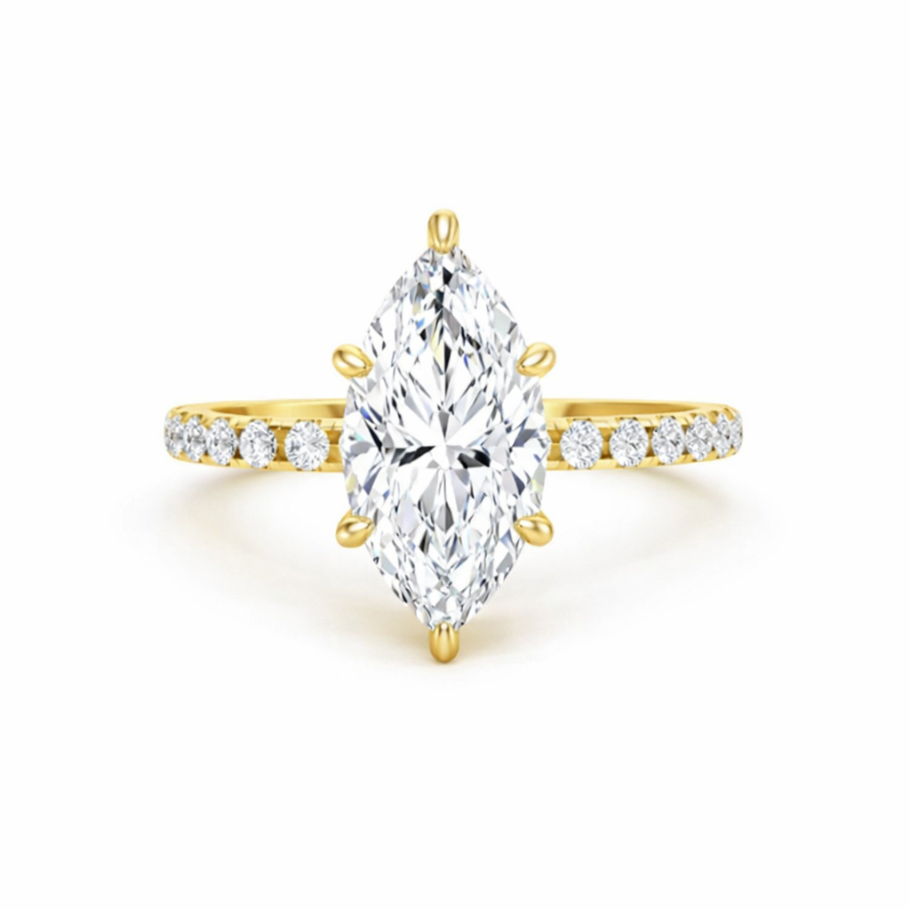 Jacob Mercari 14K Yellow Gold Lab-Grown Diamond Engagement Ring: Marquise Cut diamond pavé band.
