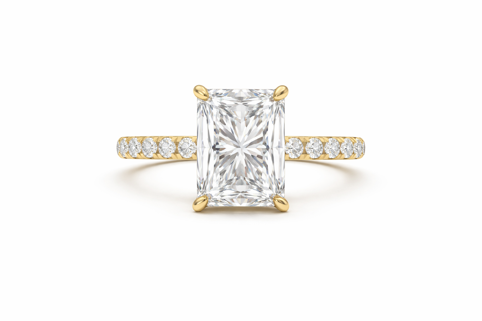 Jacob Mercari 14K Yellow Gold Lab-Grown Diamond Engagement Ring: Radiant Cut diamond pavé band.