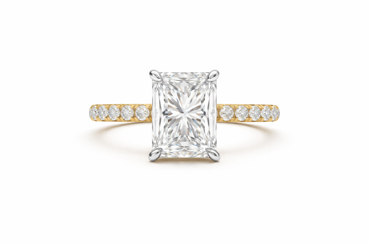 Jacob Mercari 14K Yellow Gold Lab-Grown Diamond Engagement Ring: Radiant Cut diamond pavé band with a 14K White Gold Basket.