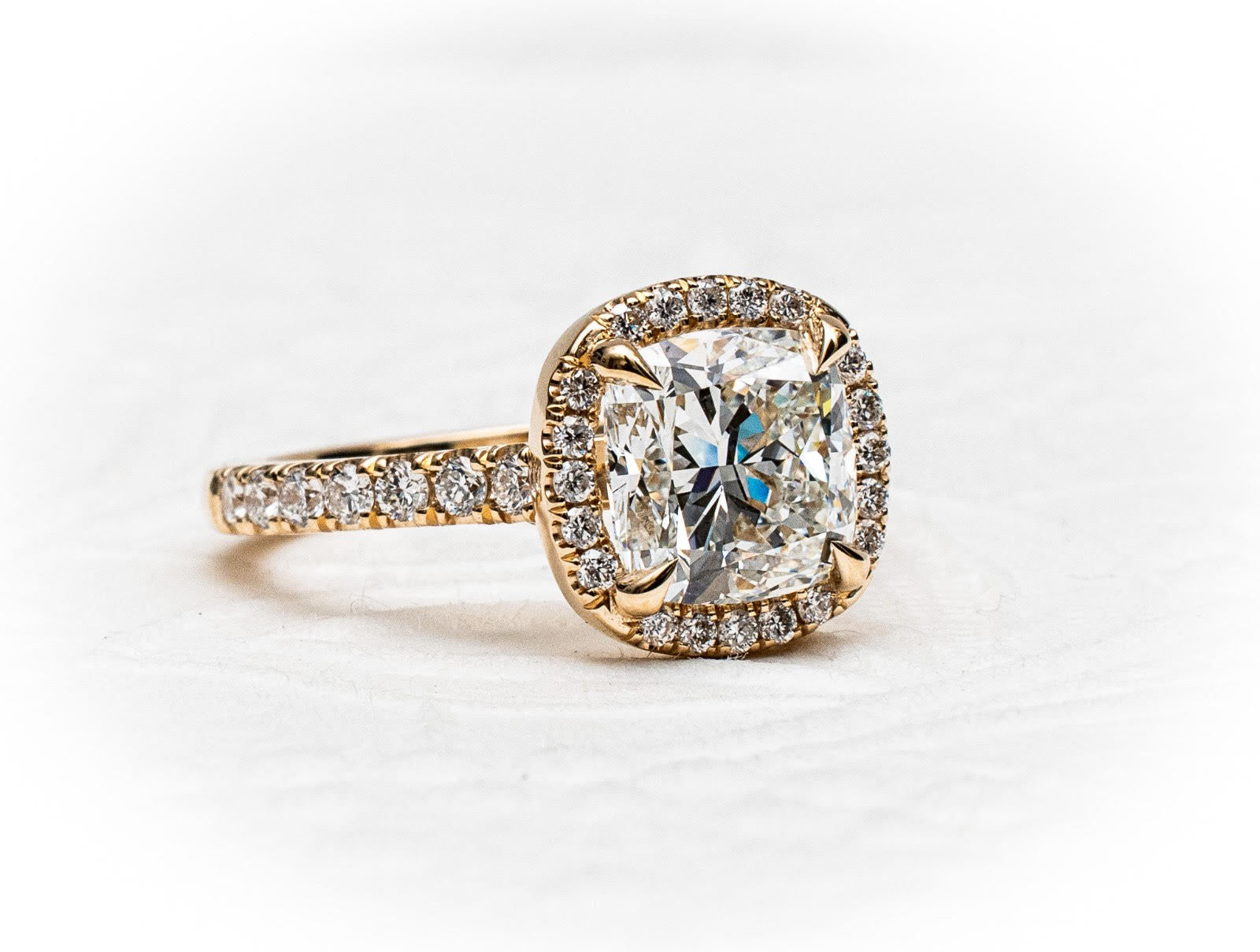 Custom Jacob Mercari 14K Yellow Gold Cushion Cut Diamond with diamond halo and pave band