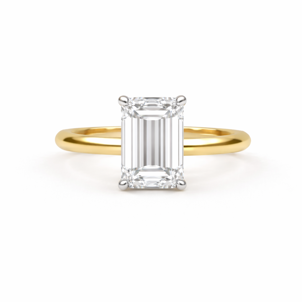 Jacob Mercari 14K Yellow Gold with 14K White Gold Basket: Emerald Cut Lab-Grown Diamond Solitaire Engagement Ring
