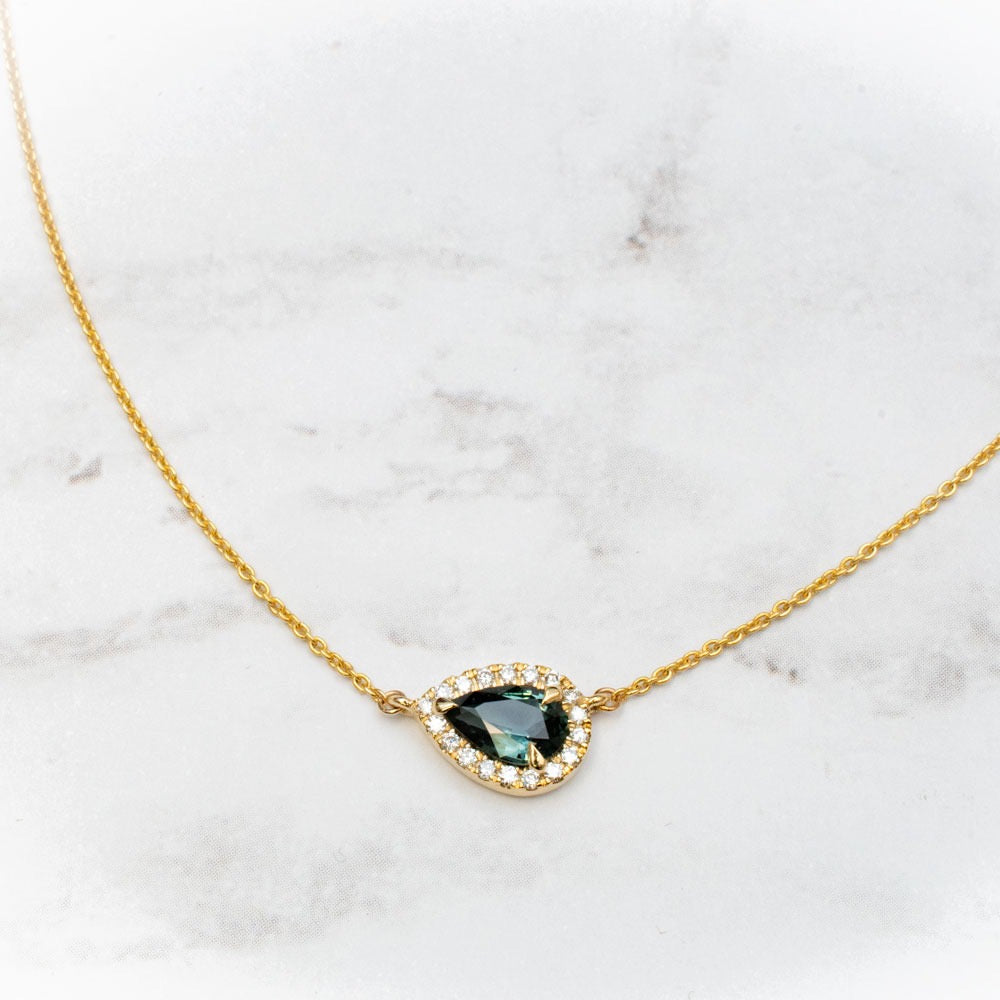 Jacob Mercari Custom 14K Yellow Gold Green Sapphire Pendant with a Diamond Halo necklace