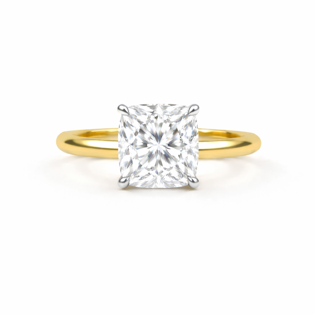 Jacob Mercari 14K Yellow Gold with 14K White Gold Basket: Cushion Cut Lab-Grown Diamond Solitaire Engagement Ring
