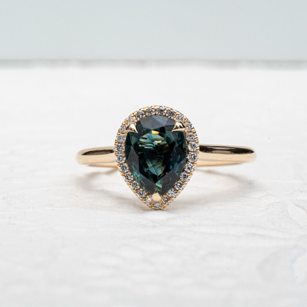 Jacob Mercari 14K Gold Green Sapphire Pear Cut.  Diamond Halo Setting Custom Engagement Ring