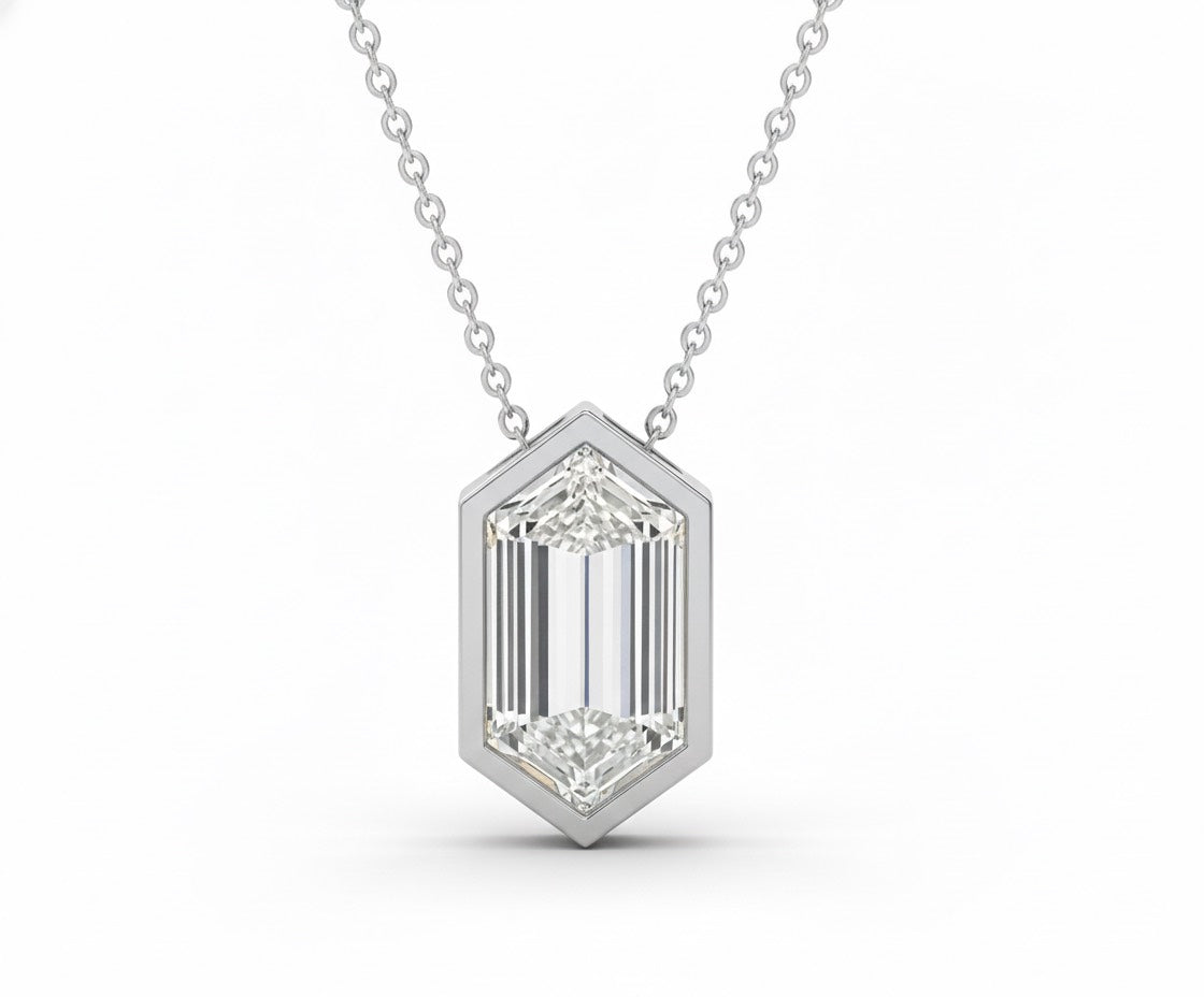 Jacob Mercari 14K  White Gold Hexagonal Lab-Grown Diamond Bezel Solitaire Necklace