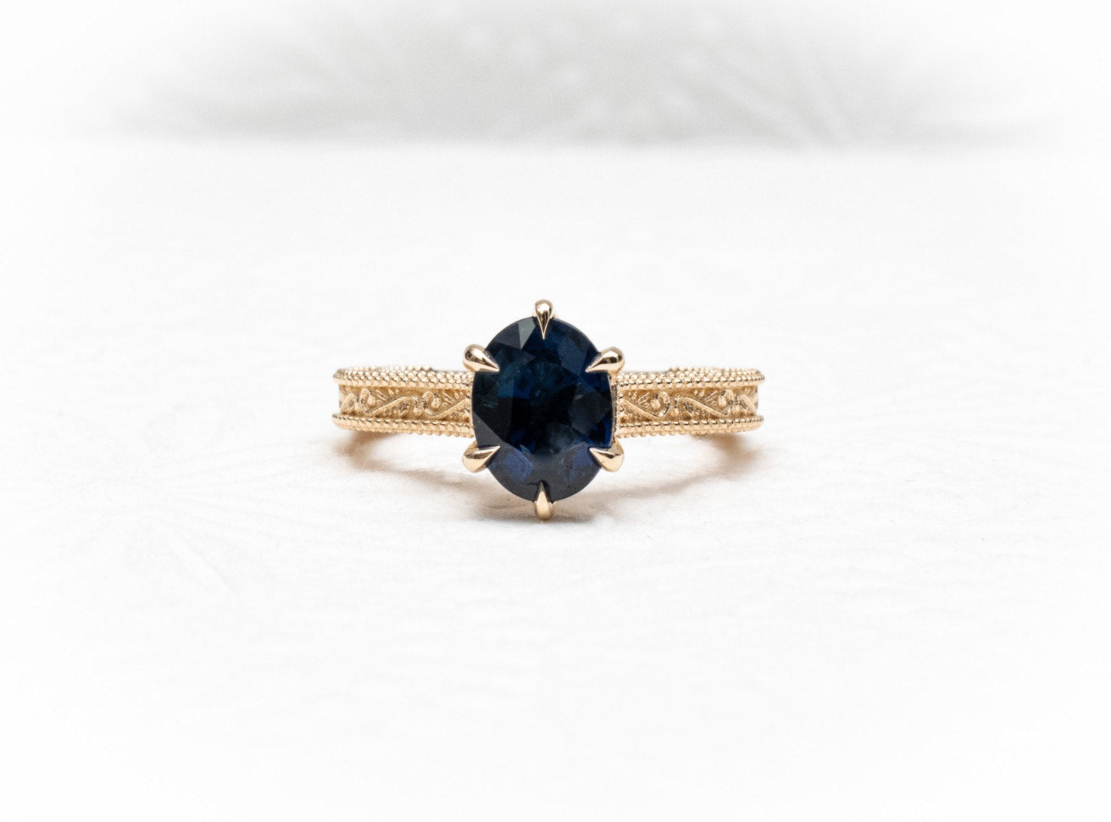 Jacob Mercari 14K Yellow Gold Vintage Style Engagement Ring with Blue Sapphire Center Stone.
