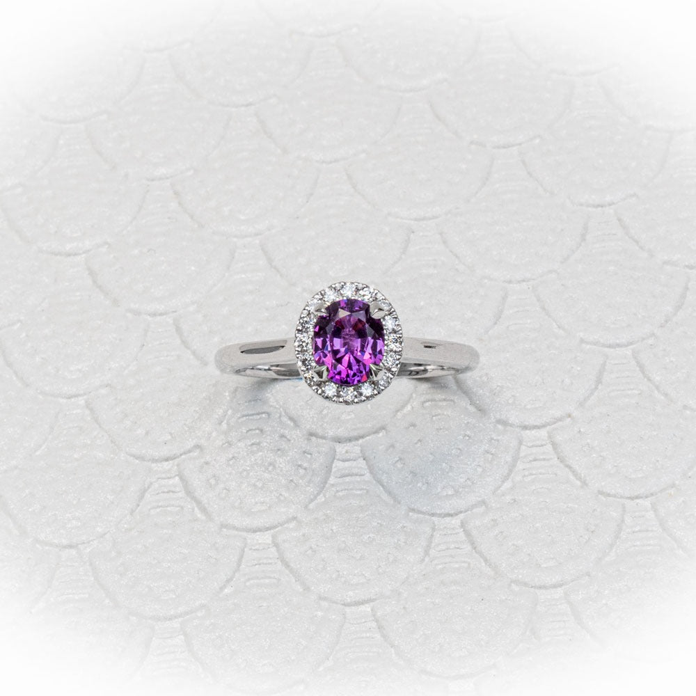 Jacob Mercari Custom 14K White Gold Purple Sapphire with Diamond Halo Engagement Ring
