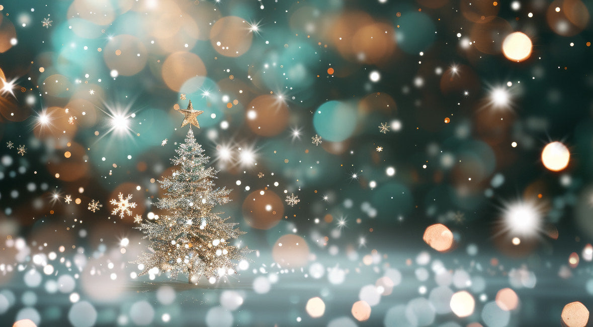 Decorative Christmas tree with lights and snowflakes on a festive background