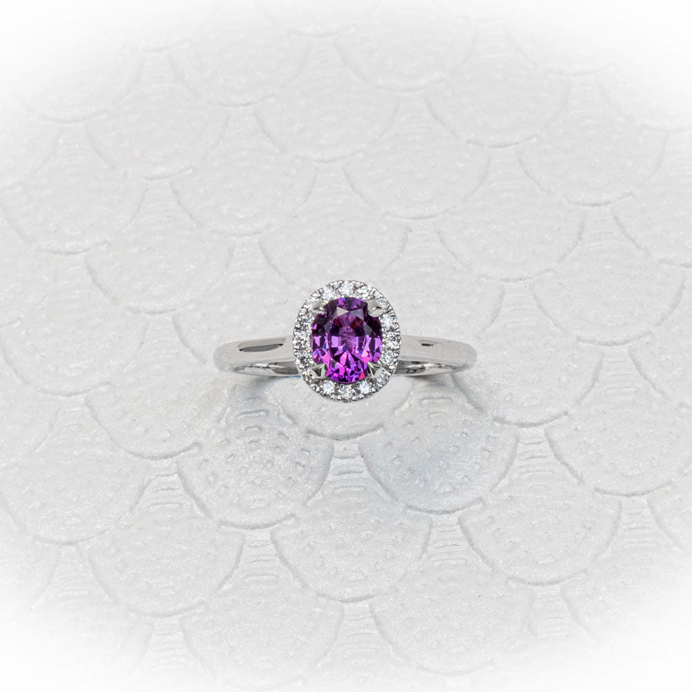 Jacob Mercari Natural Purple Sapphire Lab-Grown Diamond Halo Ring 14K White Gold