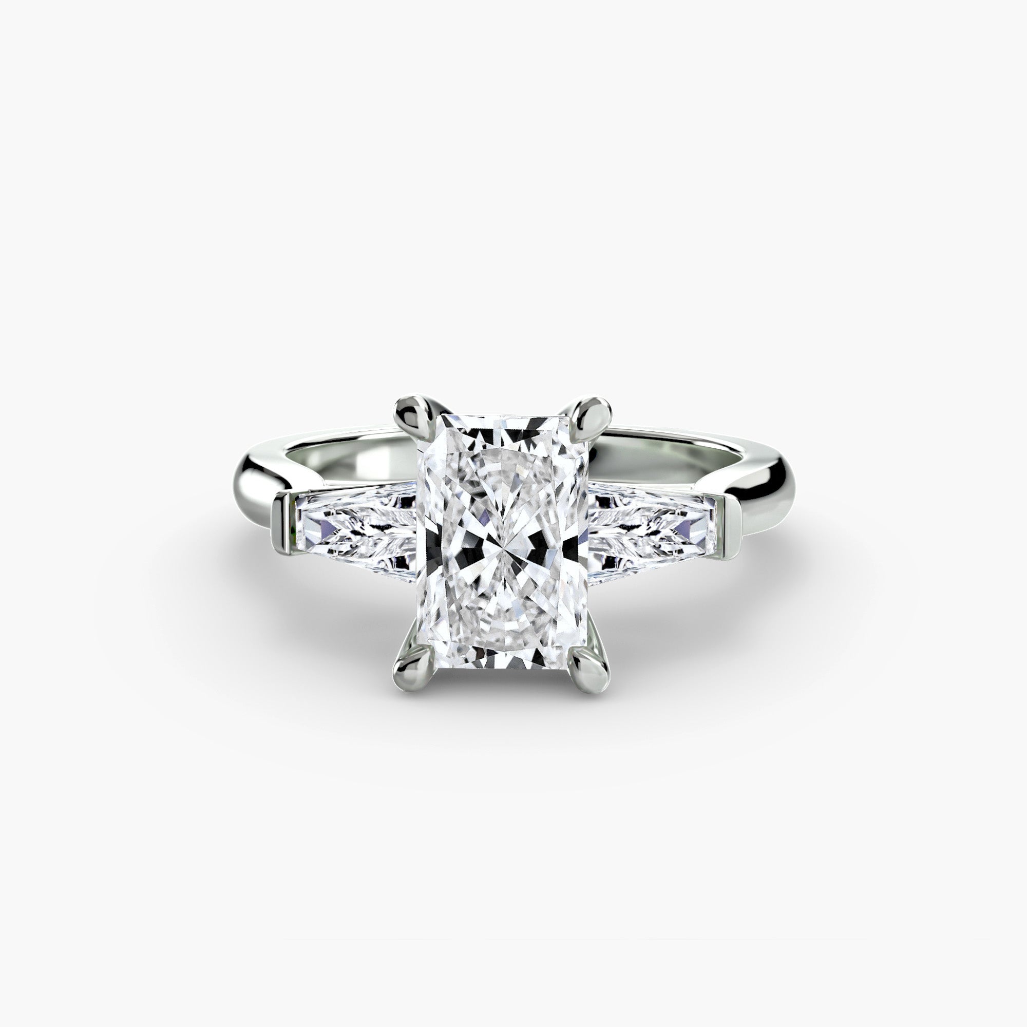 Jacob Mercari Three-Stone Ring with Baguette Side Stones 14k White Gold Radiant Cut Centre Stone