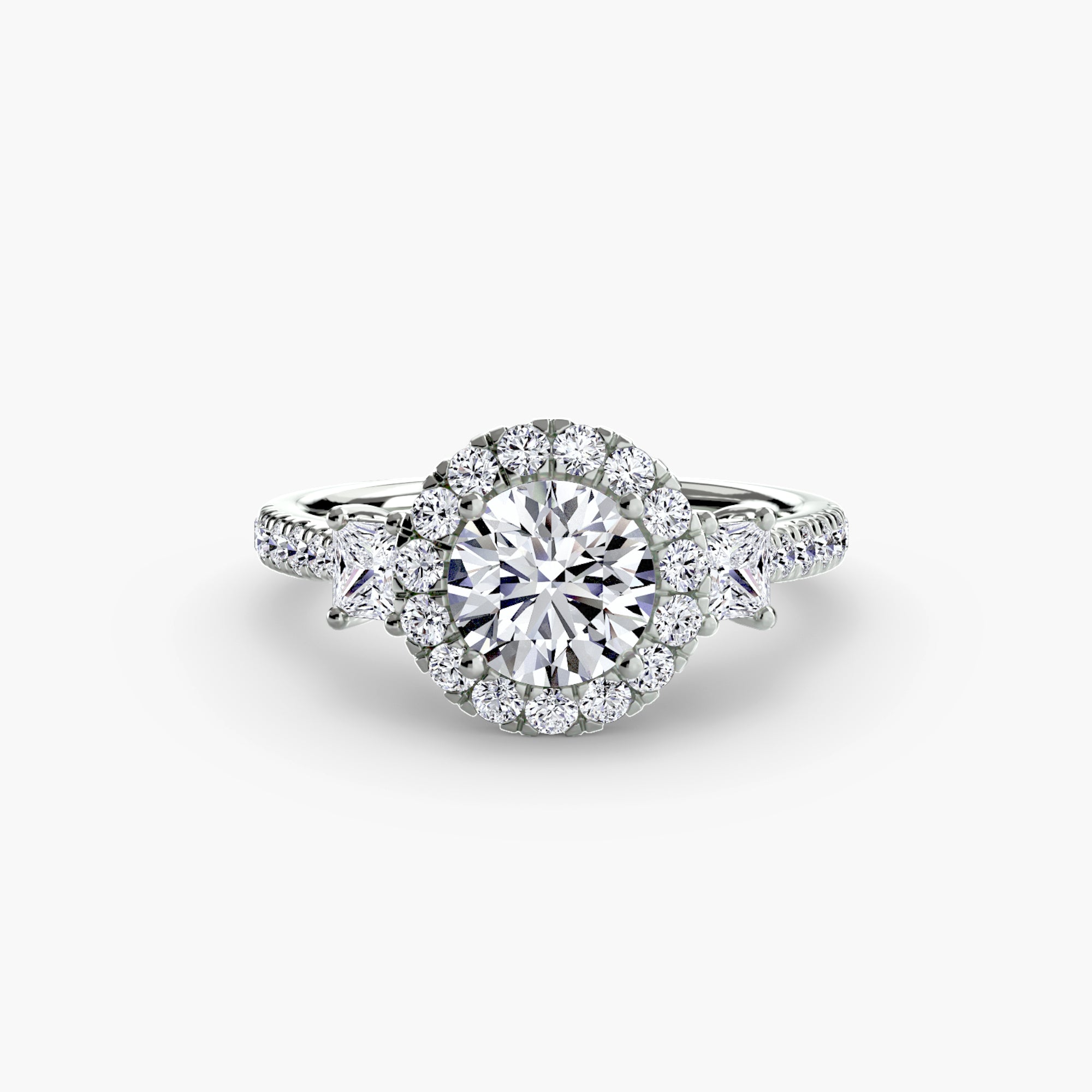 14K White Gold Haloed Trilogy Engagement Ring Setting with Lab-Grown Diamond Band