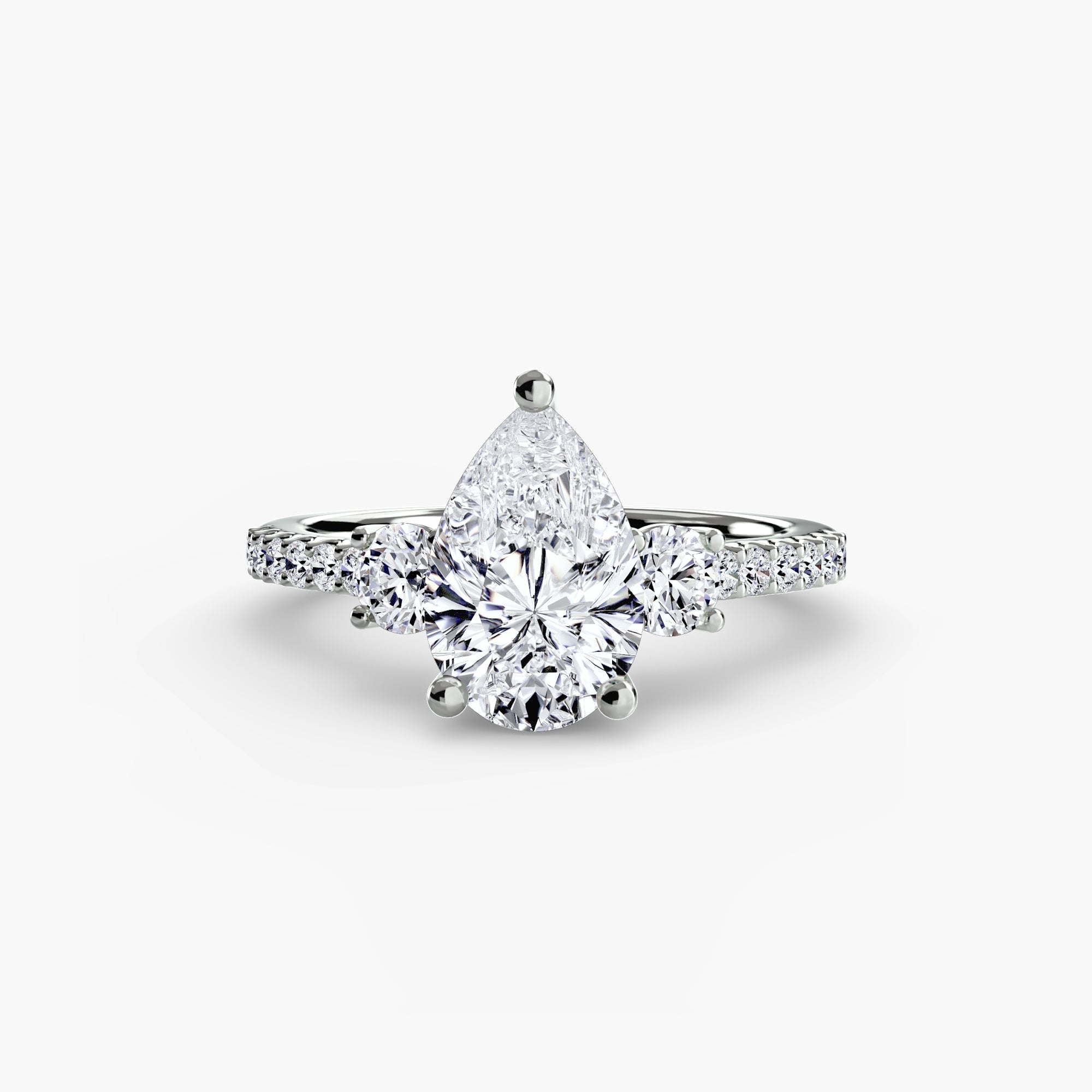 Jacob Mercari 14K white gold engagement ring with lab-grown pear-cut diamond center, three-stone design, and pavé diamond band